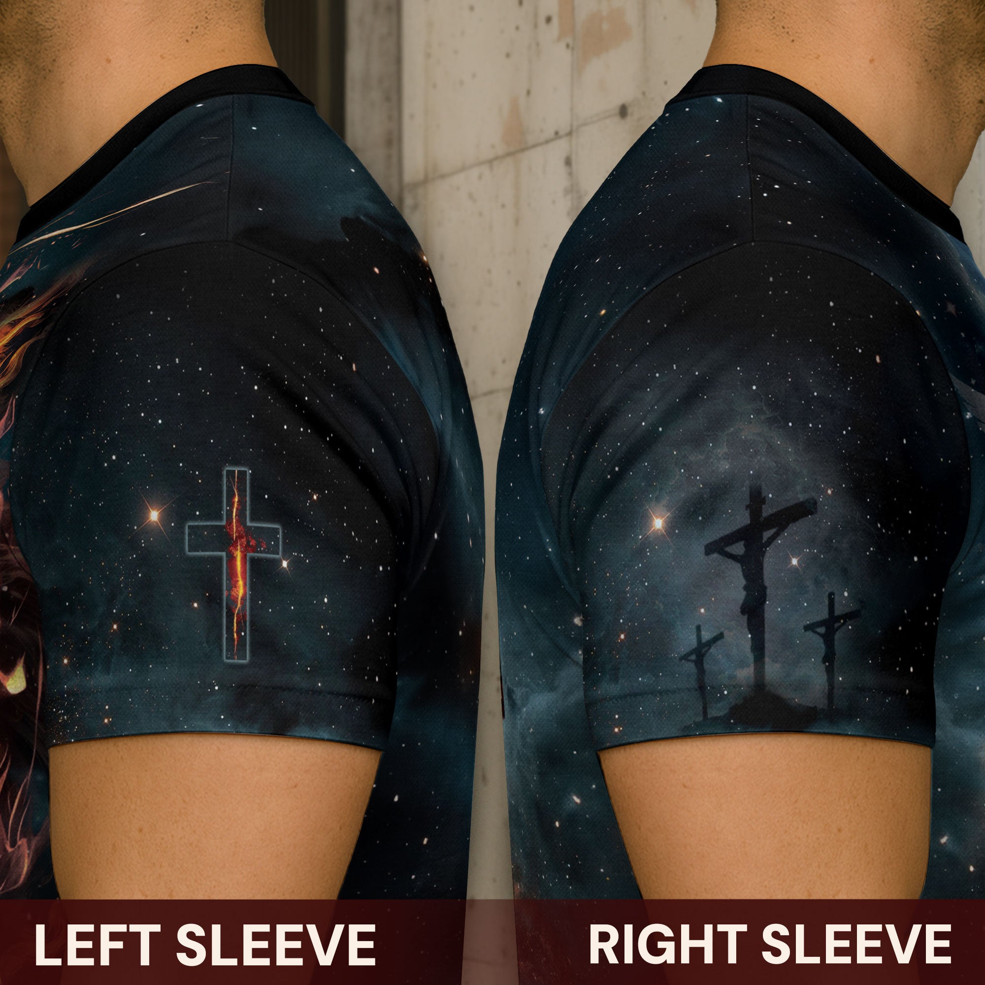 Faith Over Fear Christian T-Shirt Lion Cross Fire Galaxy Design