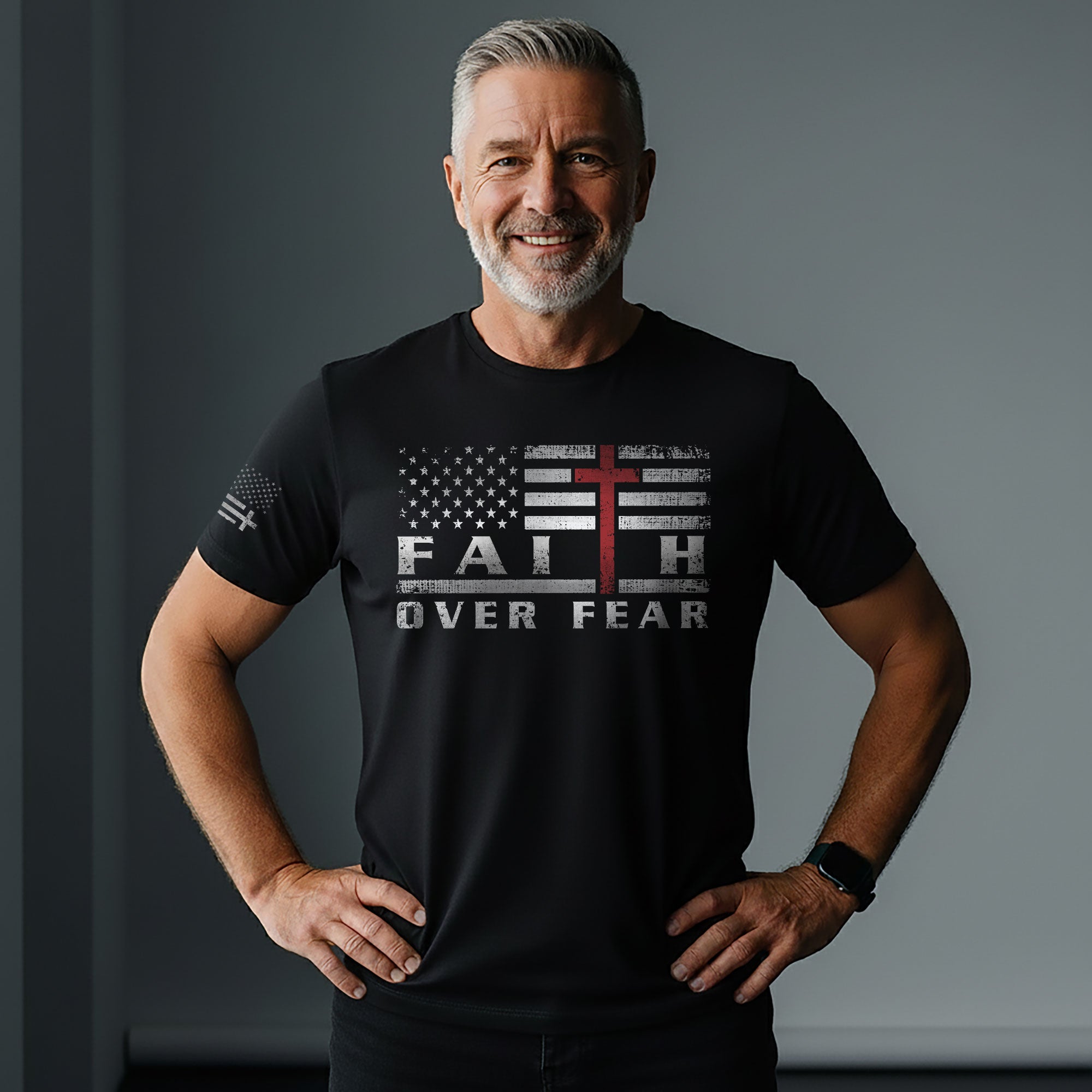 Faith Over Fear USA Flag Red Cross Christian T-Shirt