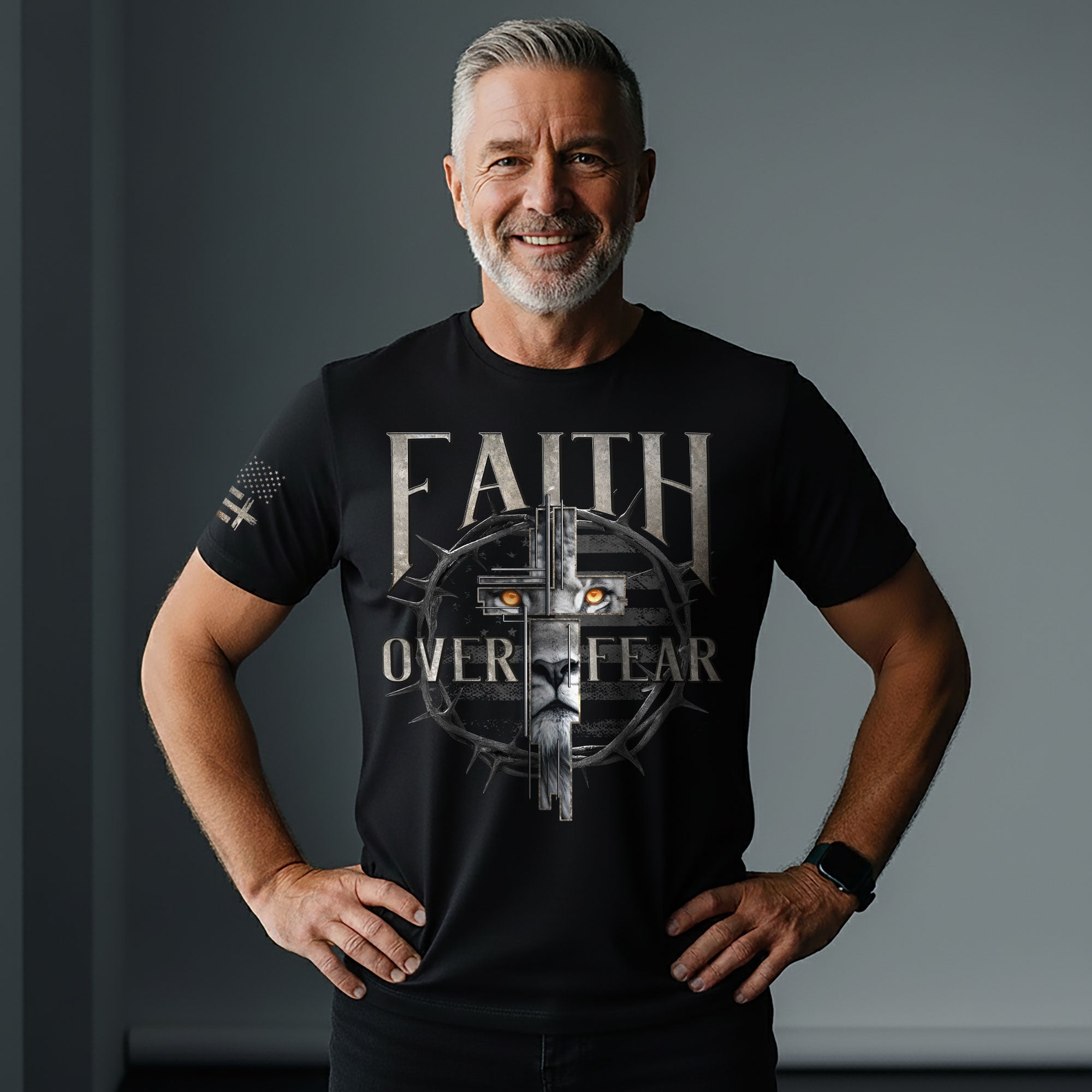 Faith Over Fear Christian T-Shirt Lion Cross Crown Design