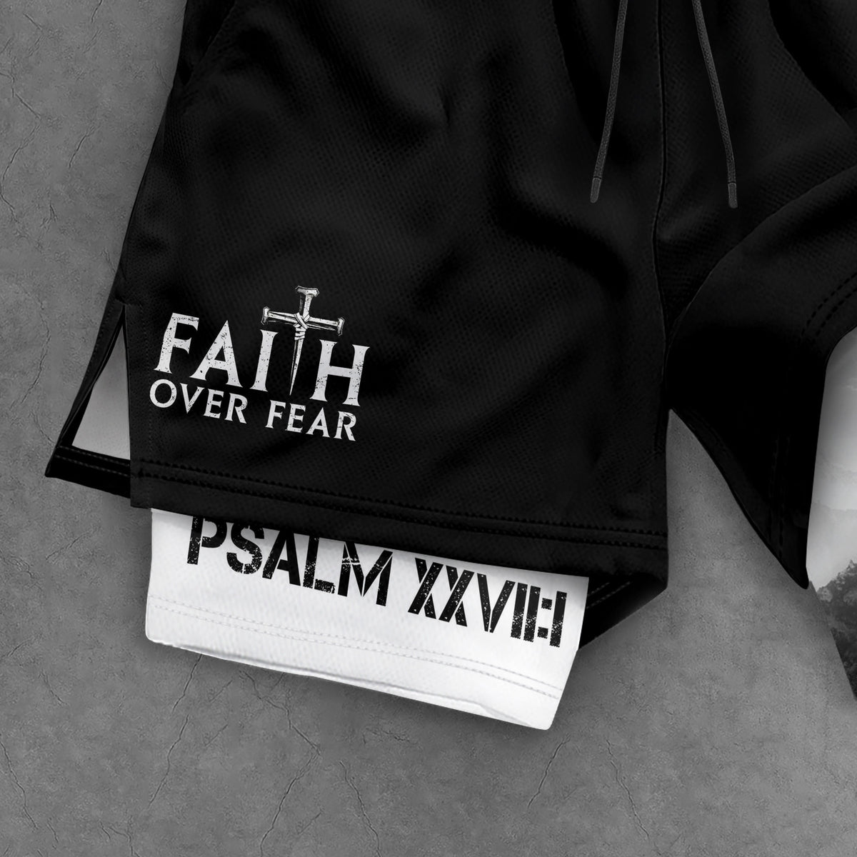 Faith Over Fear Christian Gym Shorts for Men Psalms 27:1 - Rust Field Wear