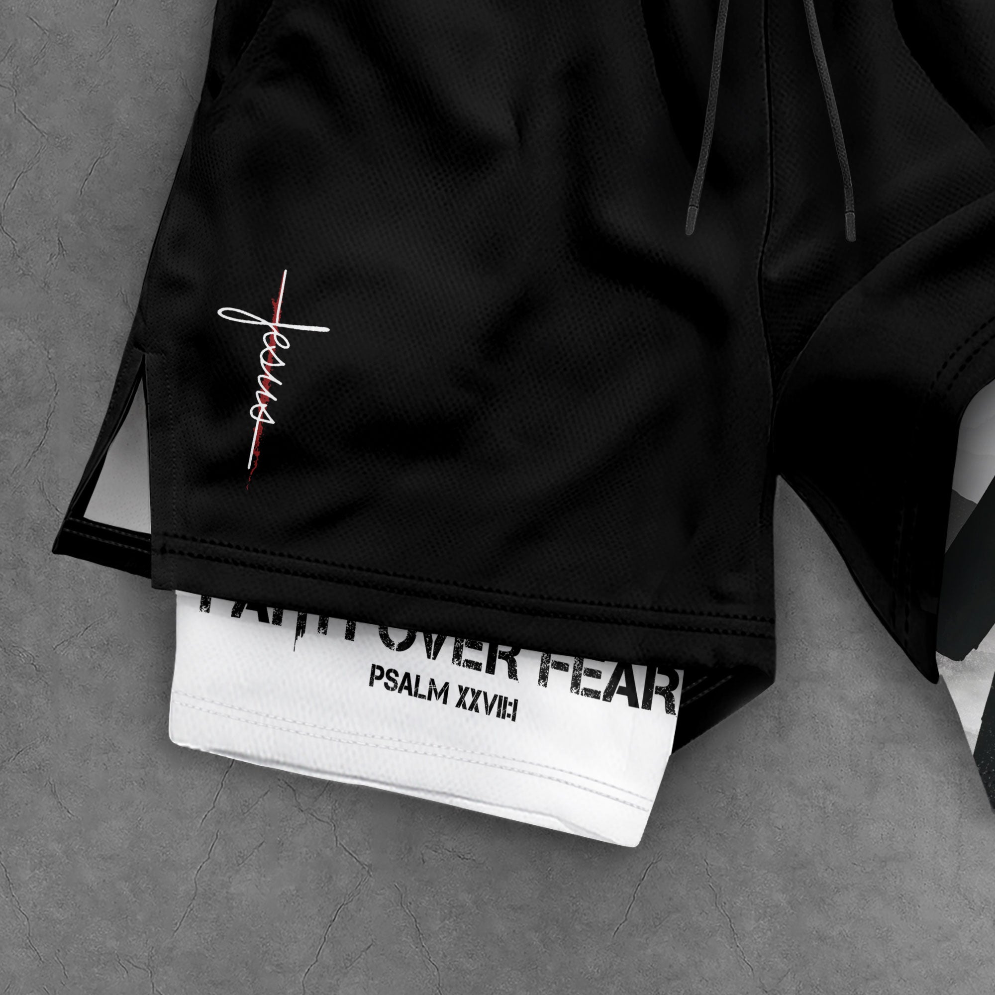 Faith Over Fear Christian Gym Shorts for Men Jesus Cross Design - Rust Field Wear