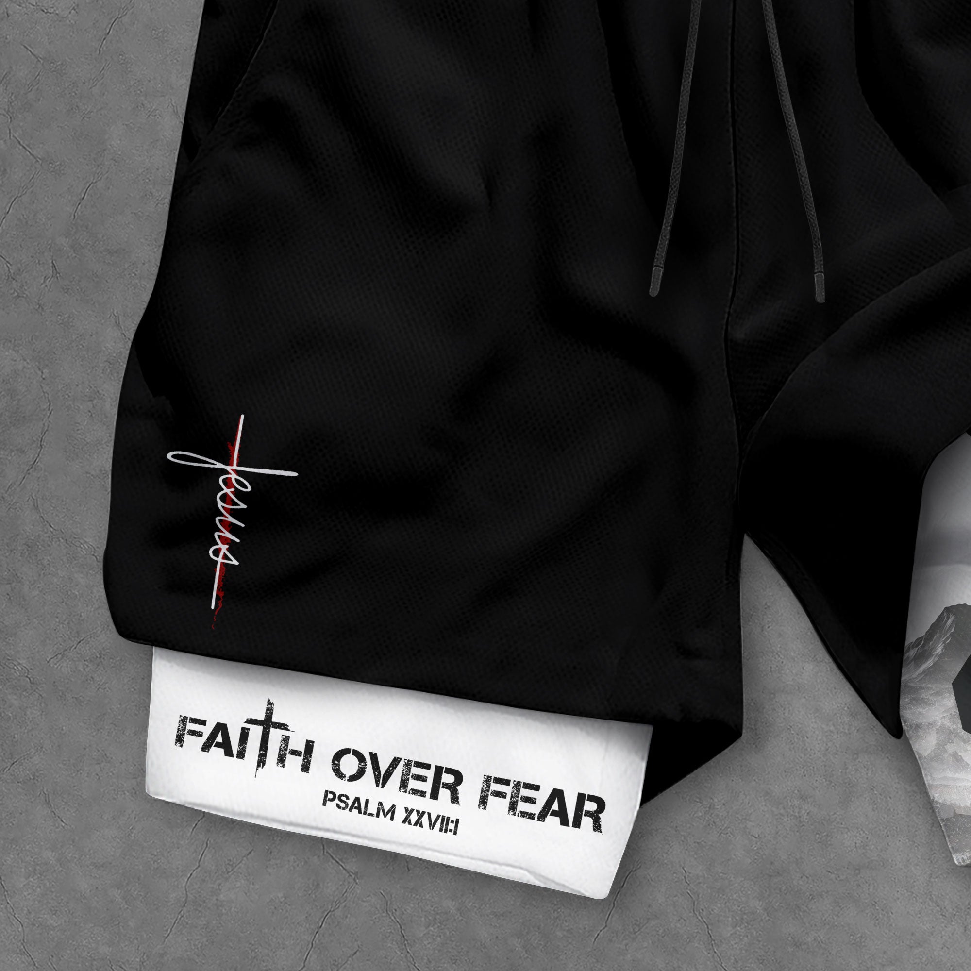 Faith Over Fear Christian Gym Shorts for Men Jesus Cross Design