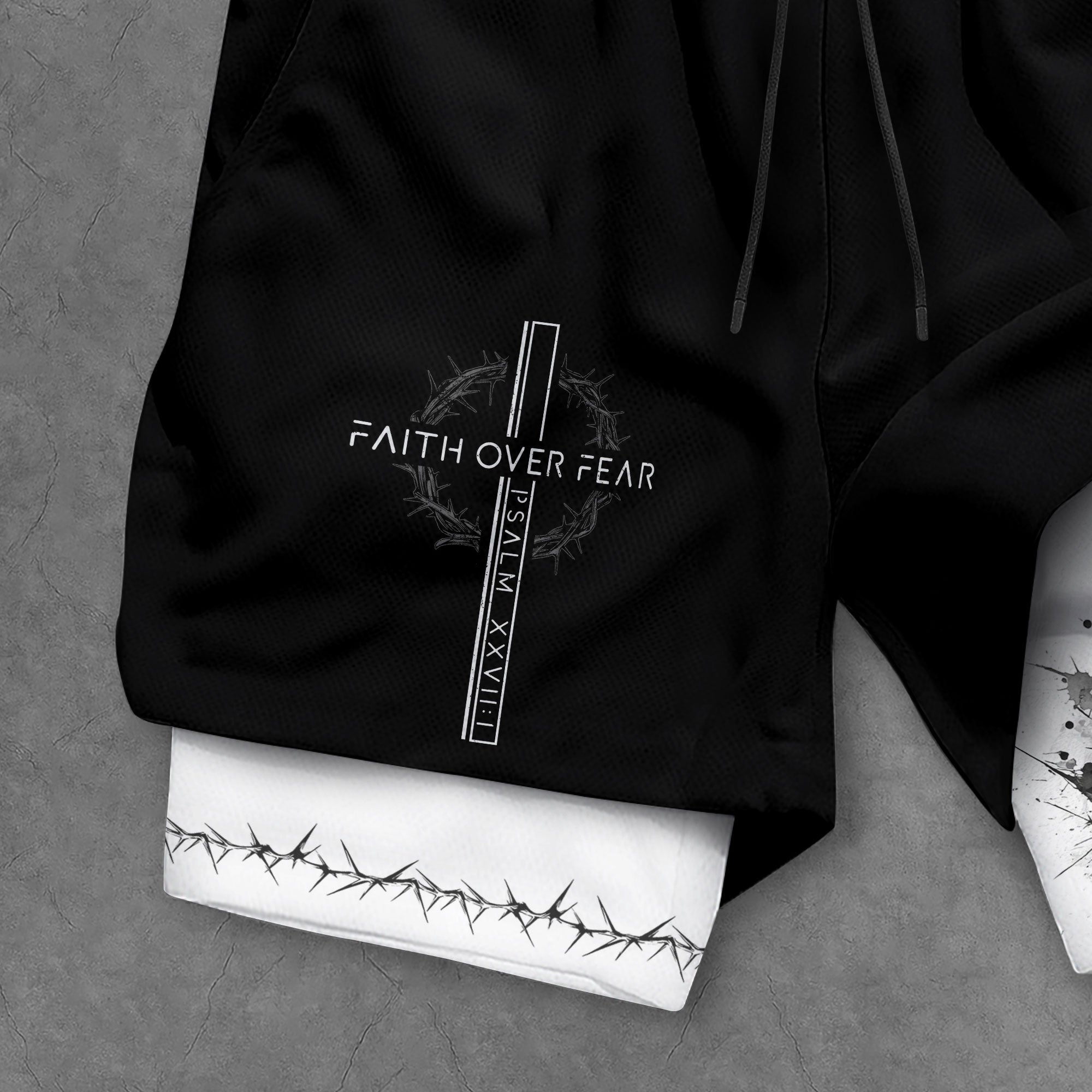Faith Over Fear Christian Gym Shorts for Men Psalms 27:1 Cross Design