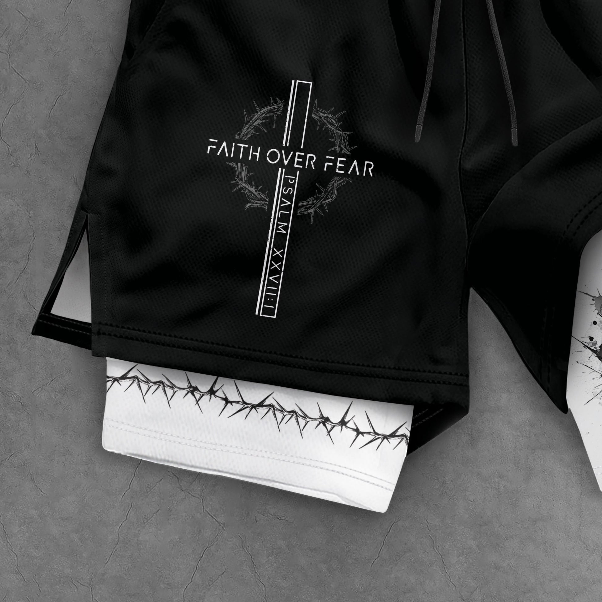 Faith Over Fear Christian Gym Shorts for Men Psalms 27:1 Cross Design - Rust Field Wear