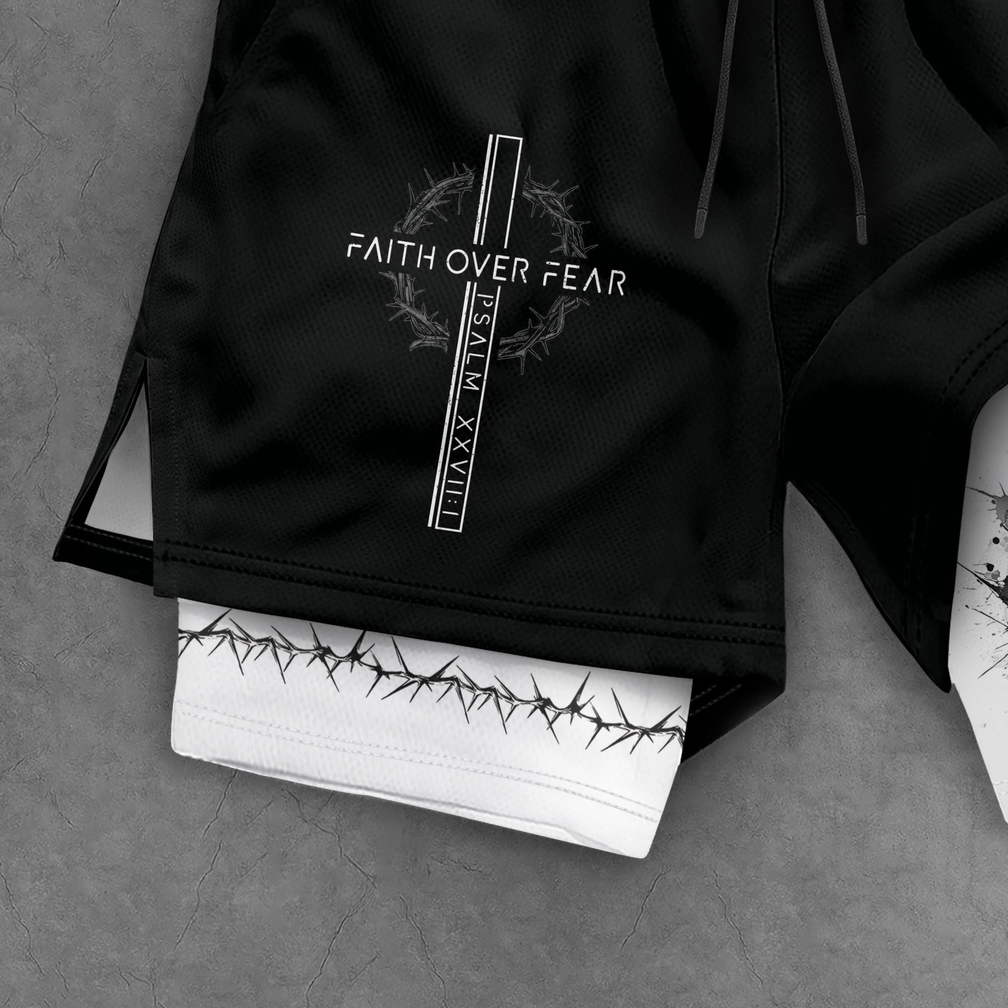 Faith Over Fear Christian Gym Shorts for Men Psalms 27:1 Cross Design - Rust Field Wear