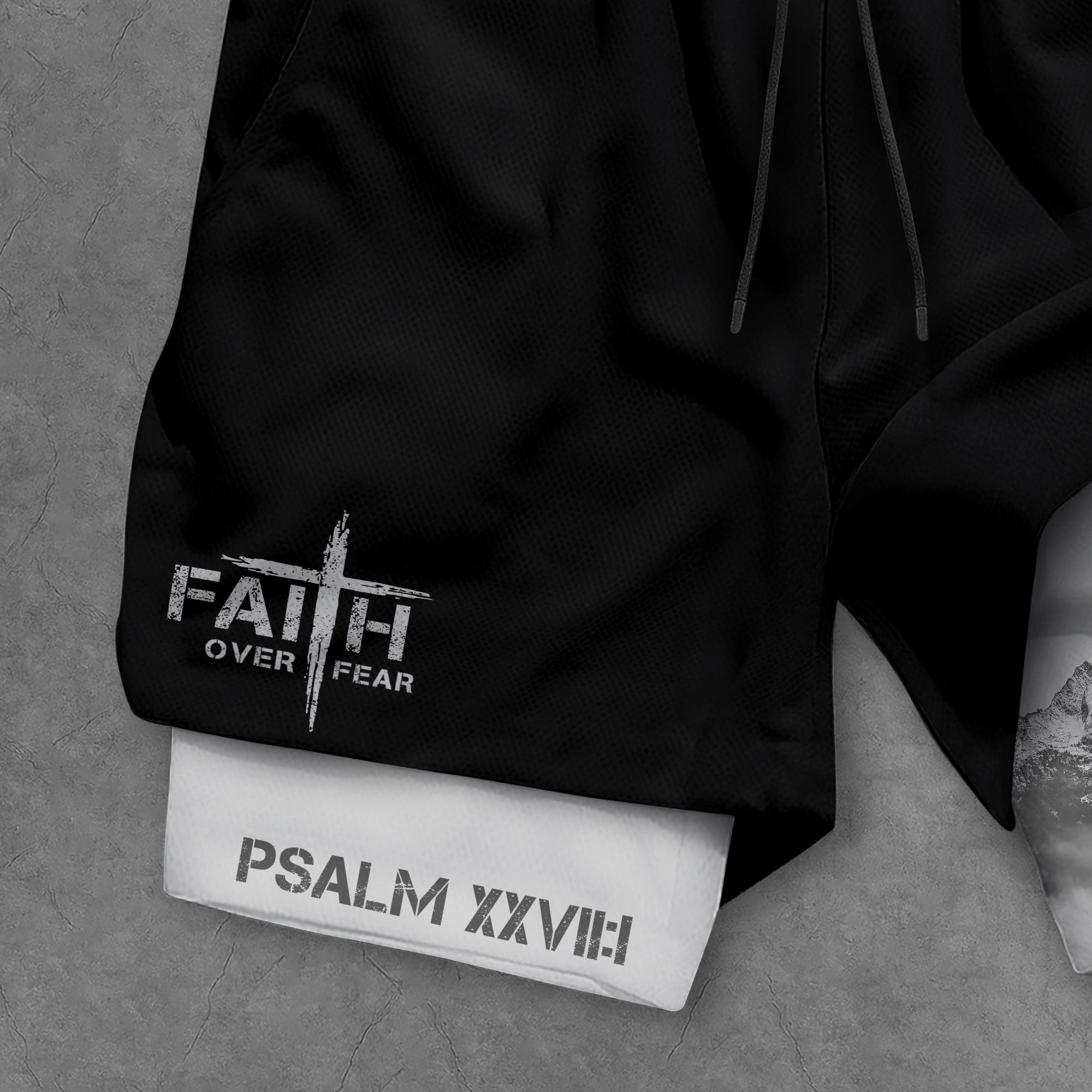 Faith Over Fear Christian Gym Shorts for Men Lion Cross Design