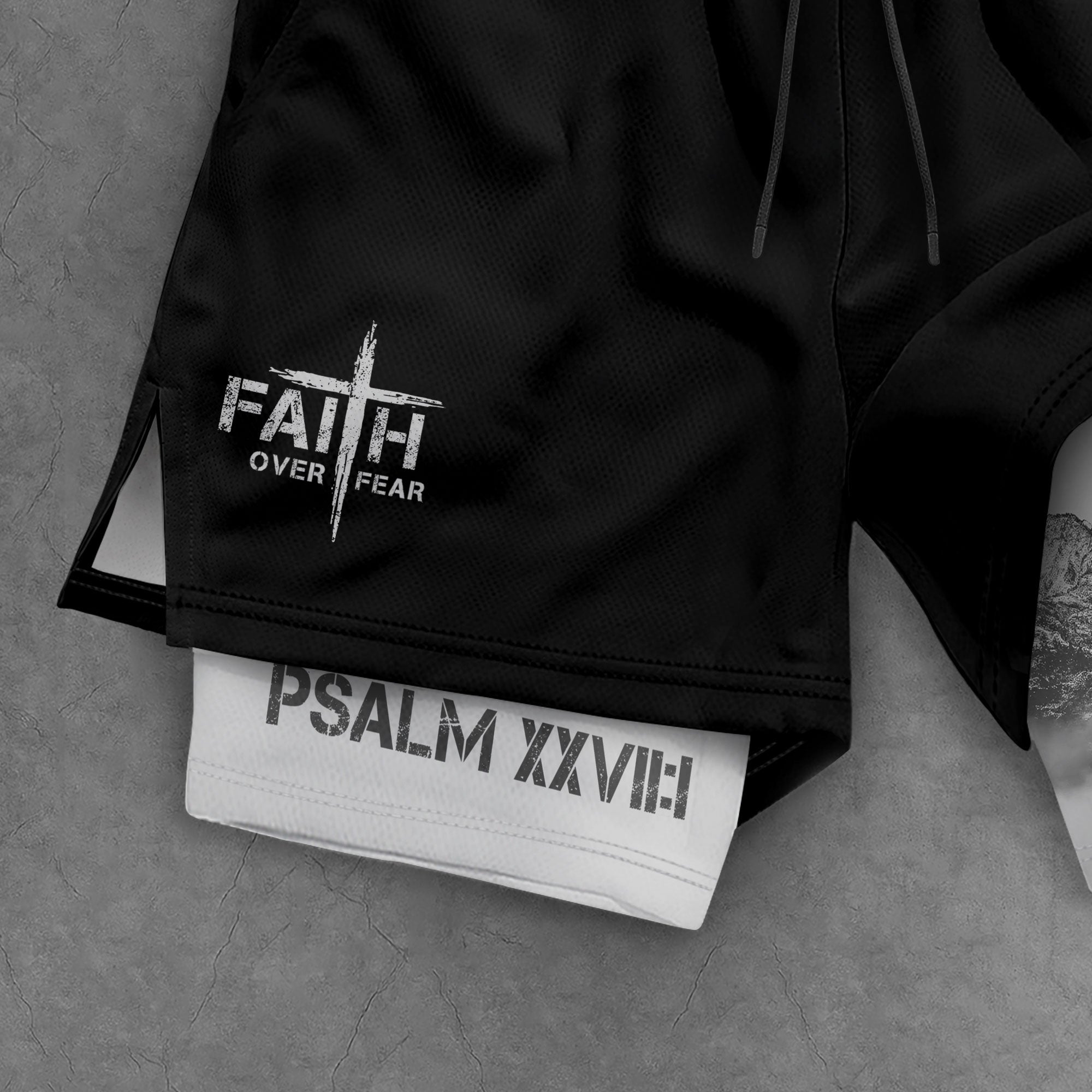 Faith Over Fear Christian Gym Shorts for Men Lion Cross Design - Rust Field Wear