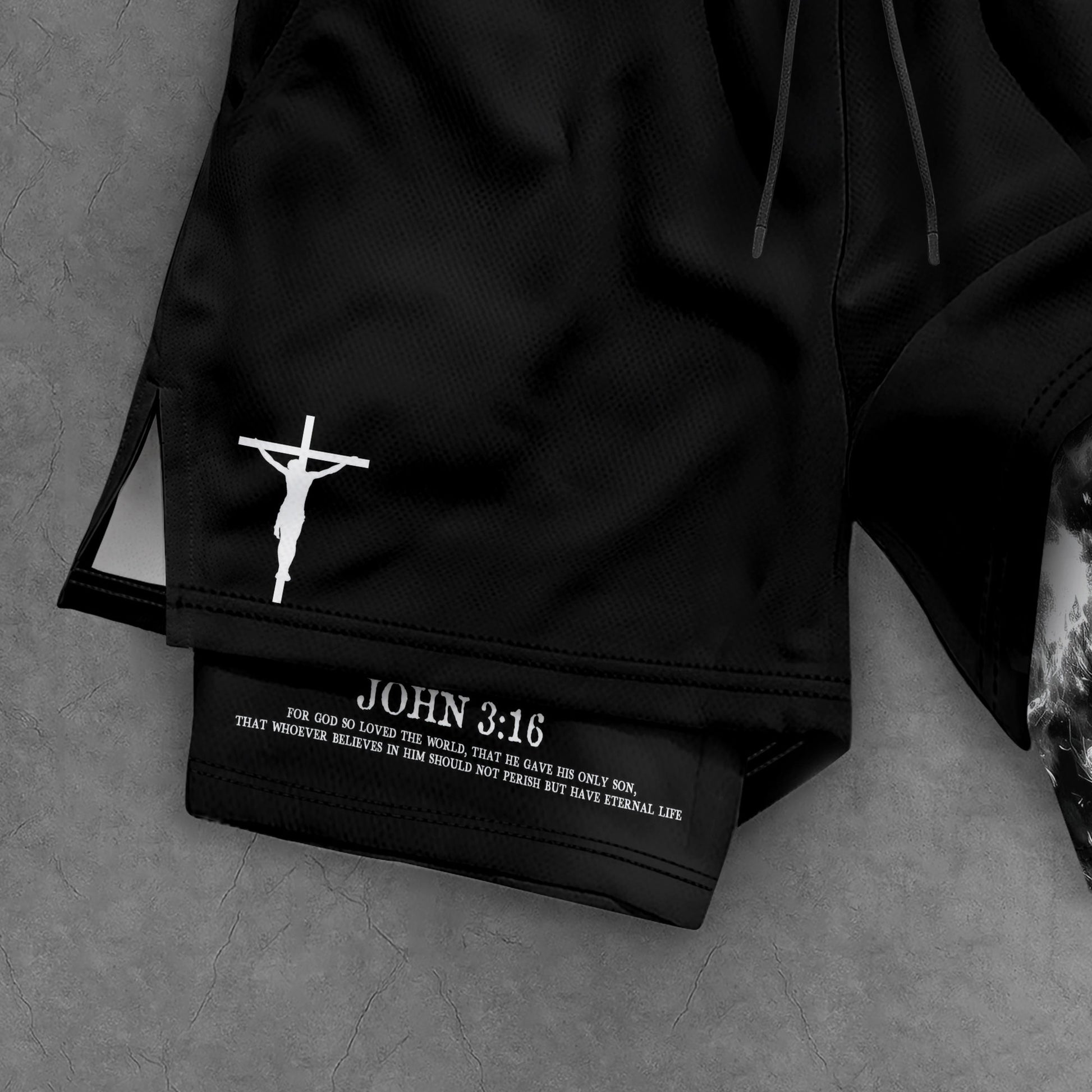 John 3:16 Christian Gym Shorts for Men Lion Cross Jesus Design - Rust Field Wear