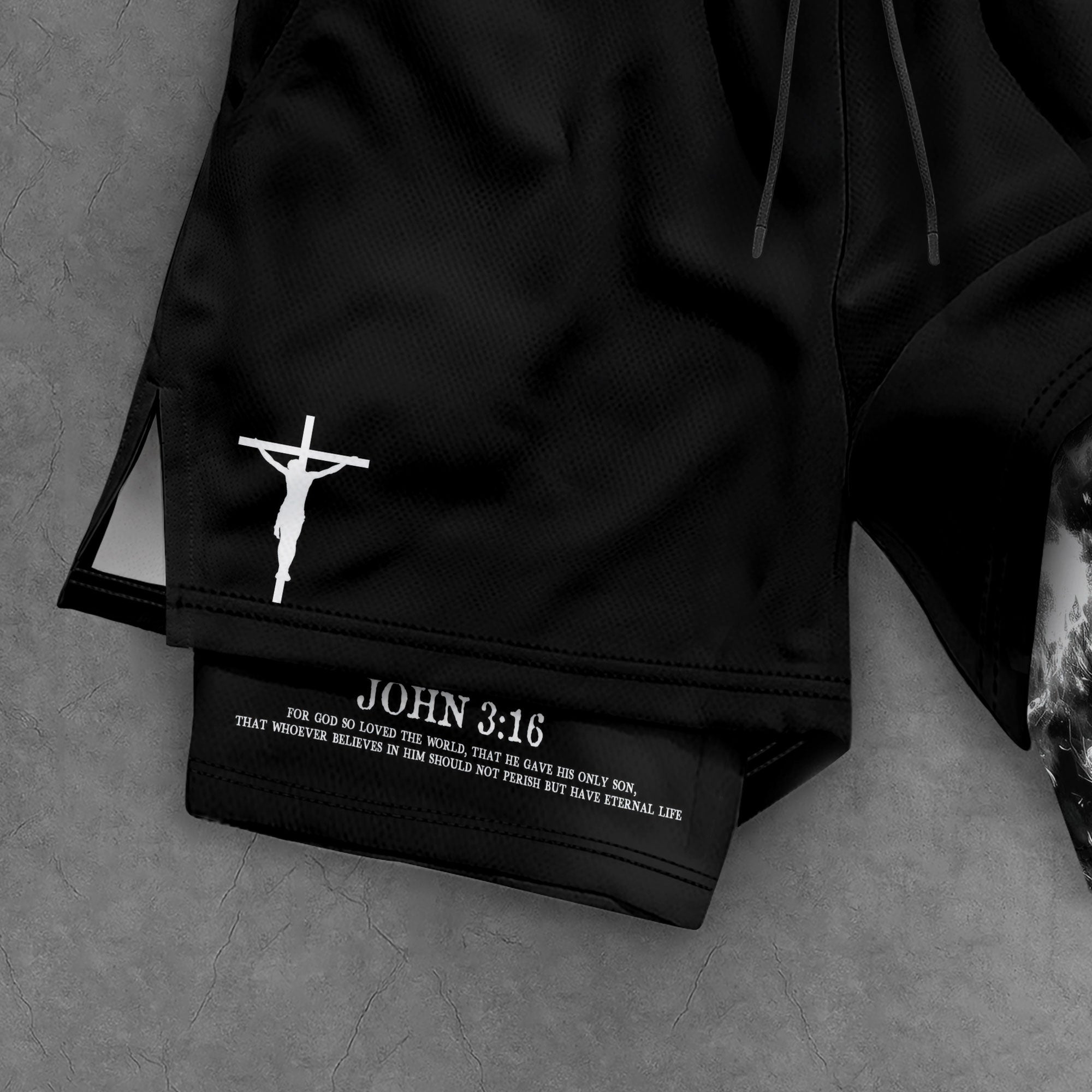 John 3:16 Christian Gym Shorts for Men Lion Cross Jesus Design - Rust Field Wear