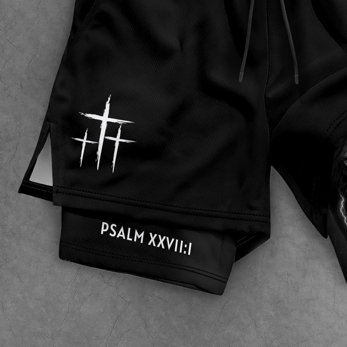 Psalm 27:1 Faith Over Fear Christian Gym Shorts Lion and Cross Design - Rust Field Wear