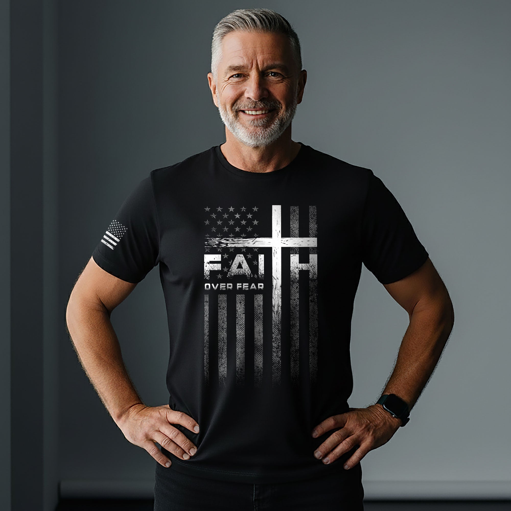 Faith Over Fear Christian T-Shirt Cross American Flag Design