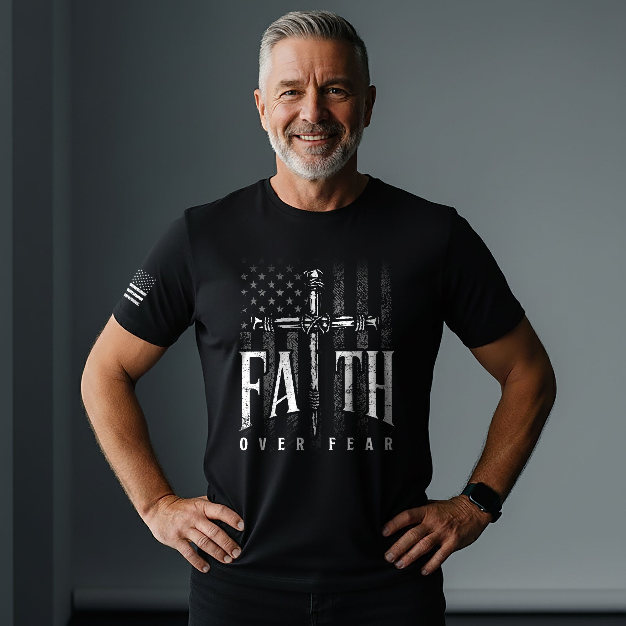 Faith Over Fear Christian T-Shirt American Flag Cross Sword Design