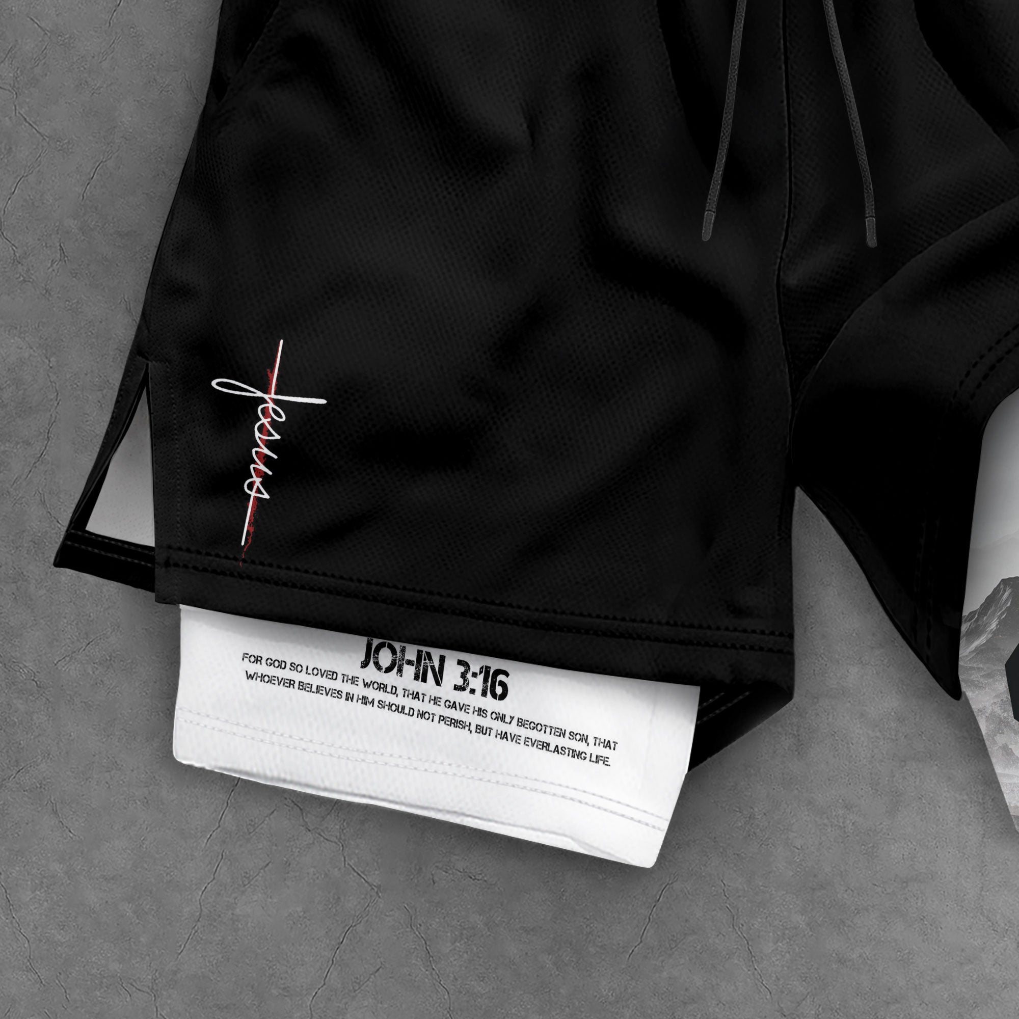 John 3:16 Christian Gym Shorts for Men with Liner Jesus Cross Design Religious - Rust Field Wear