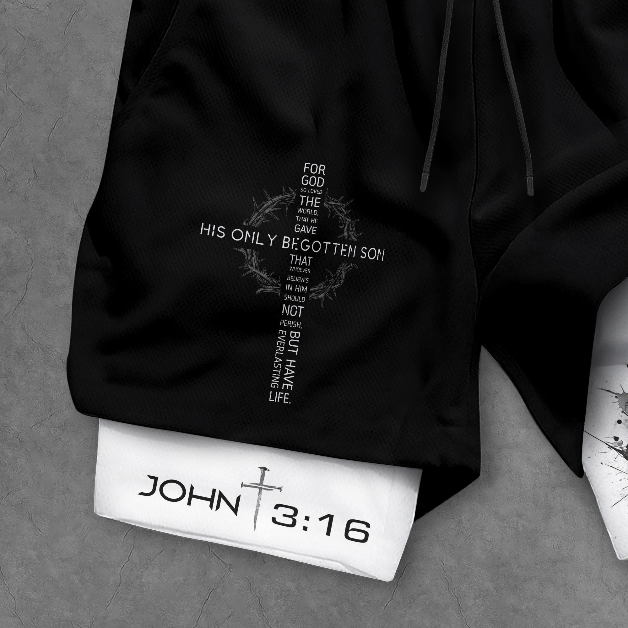 John 3:16 Christian Gym Shorts for Men with Liner Mountain Cross Design