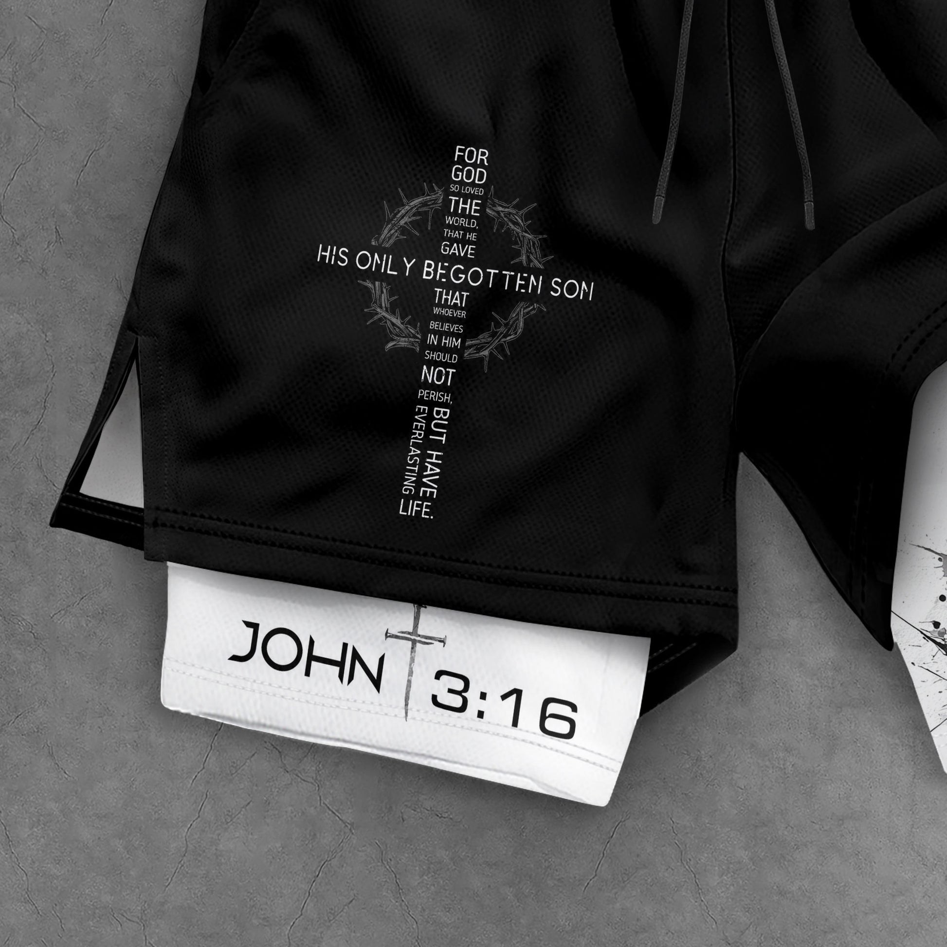 John 3:16 Christian Gym Shorts for Men with Liner Mountain Cross Design - Rust Field Wear