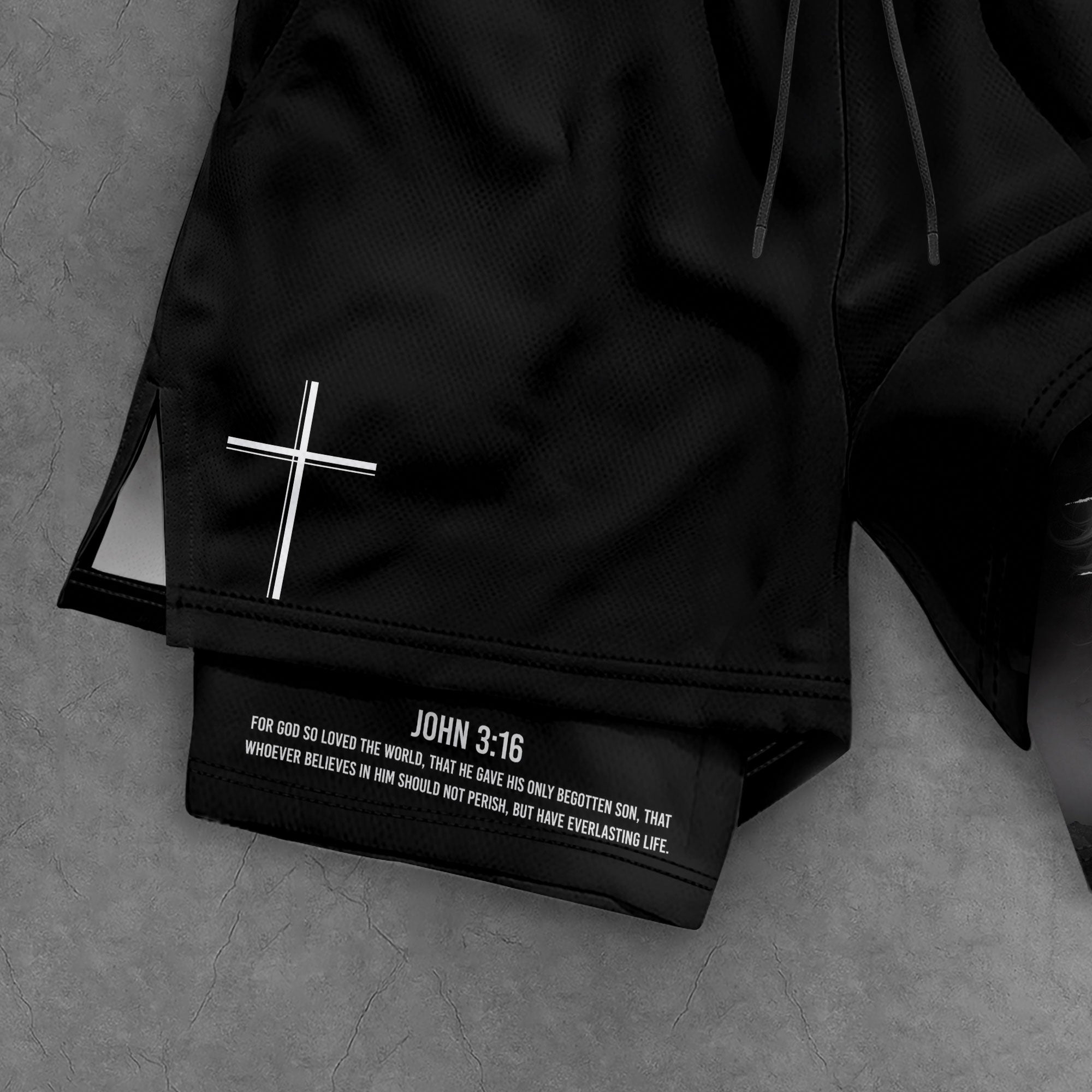 John 3:16 Christian Gym Shorts for Men with Liner Golden Eye Lion Design - Rust Field Wear