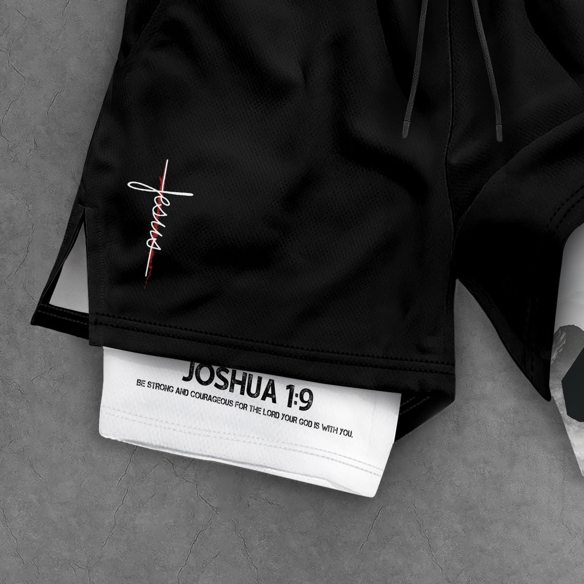Joshua 1:9 Jesus Carrying Cross Christian Gym Shorts Faith Strength - Rust Field Wear