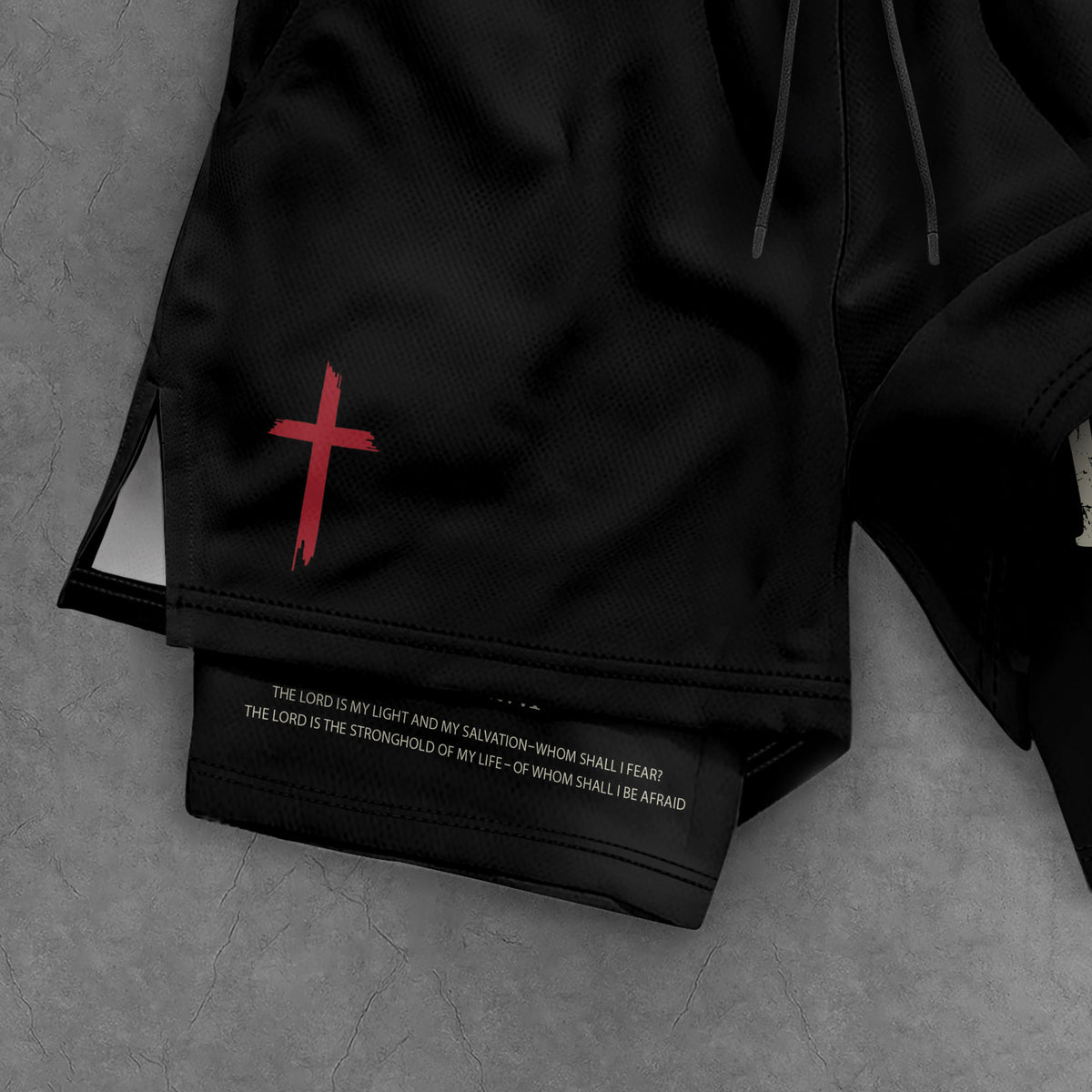 Faith Over Fear Christian Gym Shorts for Men Psalm 27:1 Red Cross upsale - Rust Field Wear