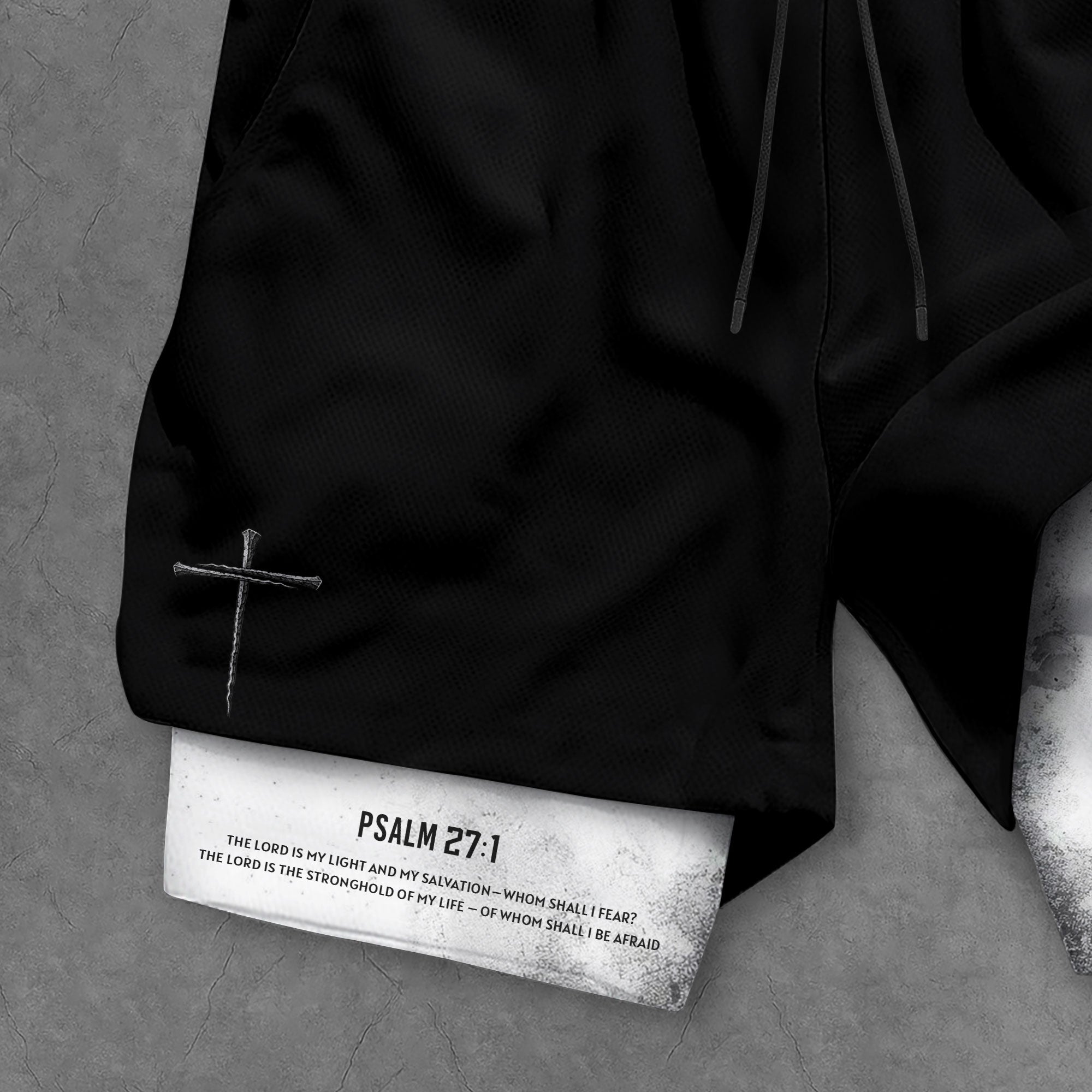 Faith Over Fear Christian Gym Shorts for Men Psalm 27 1 White Flag Cross