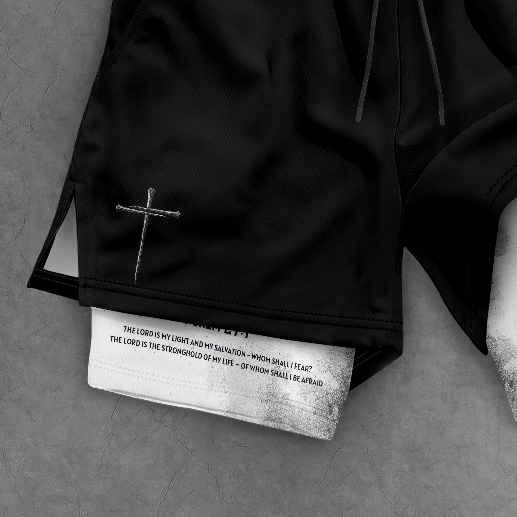 Faith Over Fear Christian Gym Shorts for Men Psalm 27:1 White Flag Cross - Rust Field Wear