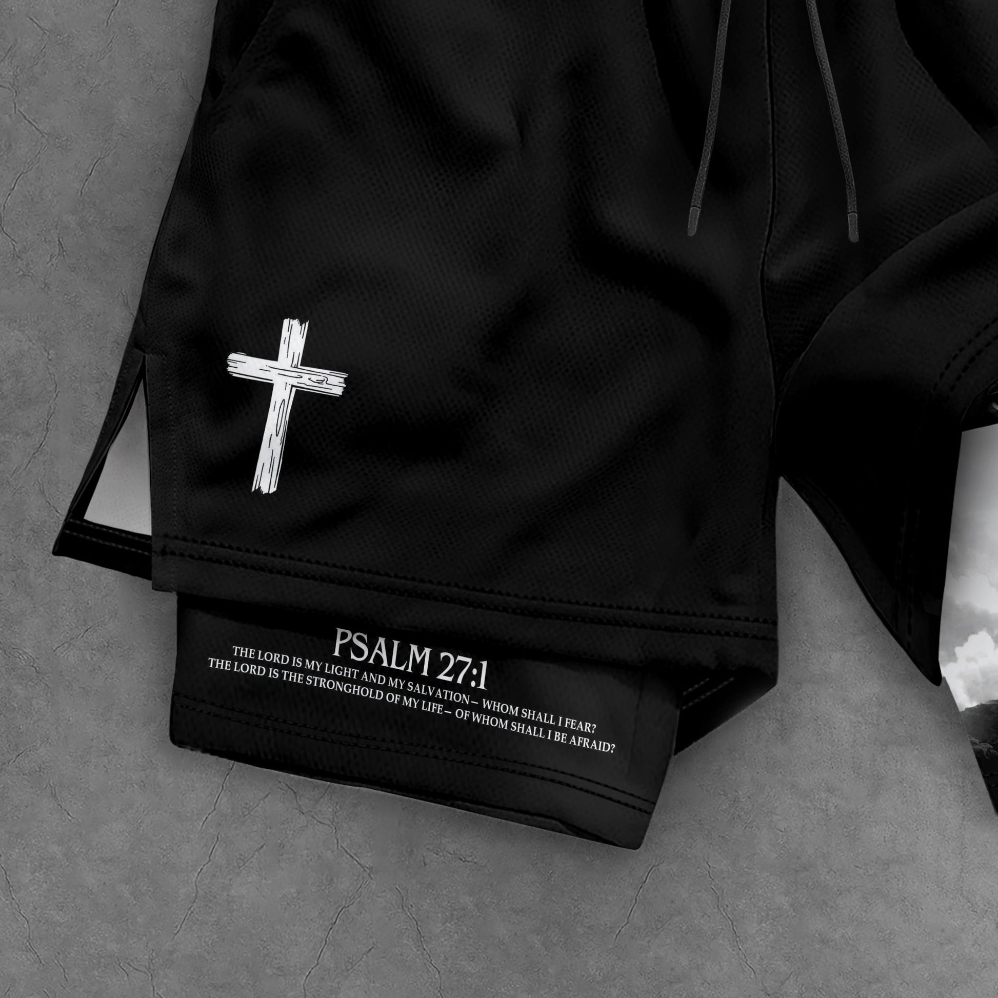 Faith Over Fear Christian Gym Shorts for Men Psalm 27:1 Cross of Jesus - Rust Field Wear