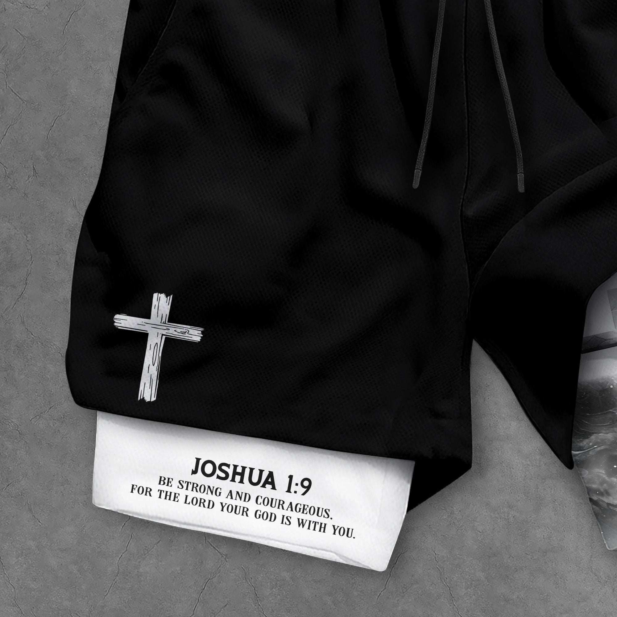 Joshua 1 9 Christian Gym Shorts for Men Cross Courage Design