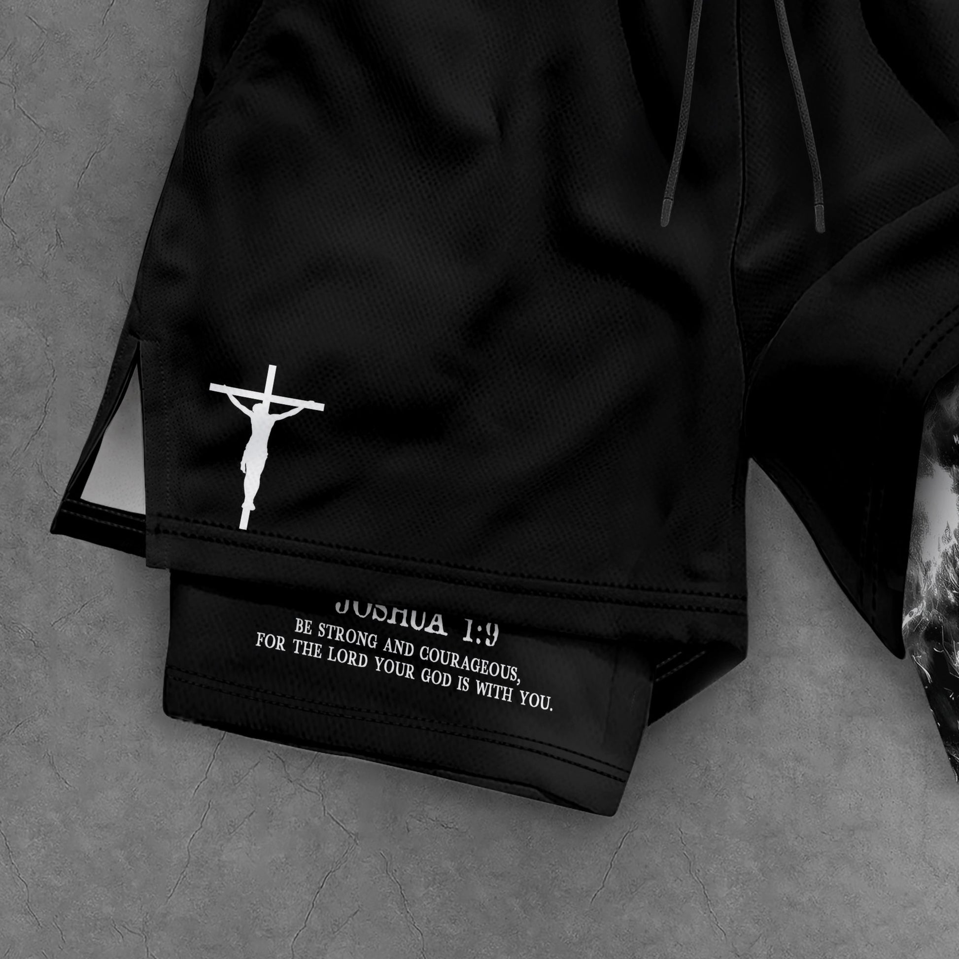Joshua 1:9 Christian Gym Shorts for Men Lion Cross Crucifix Design - Rust Field Wear