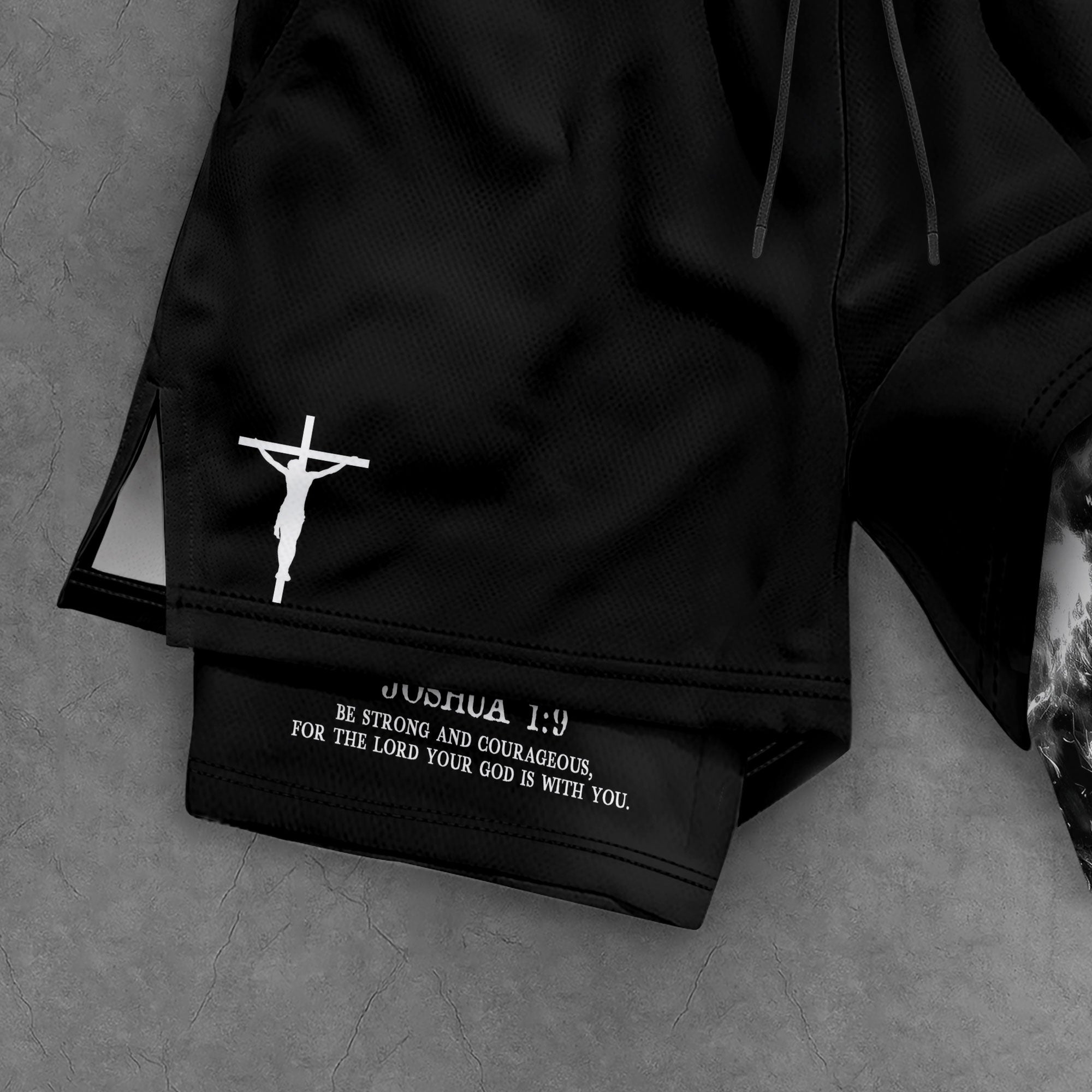 Joshua 1:9 Christian Gym Shorts for Men Lion Cross Crucifix Design - Rust Field Wear