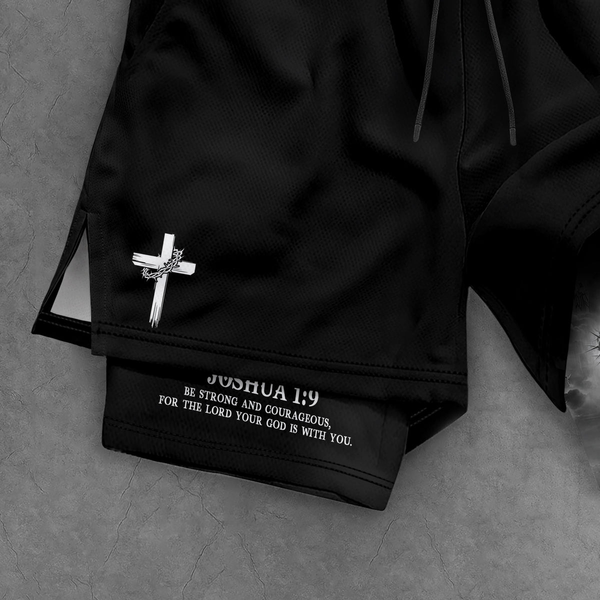 Joshua 1:9 Christian Gym Shorts for Men Jesus Lion Cross Design - Rust Field Wear