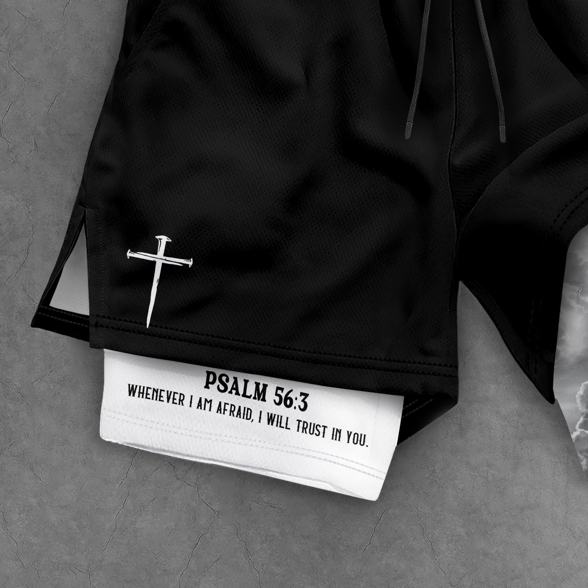 Psalm 56:3 Christian Gym Shorts for Men Fearless Lion Cross Design - Rust Field Wear