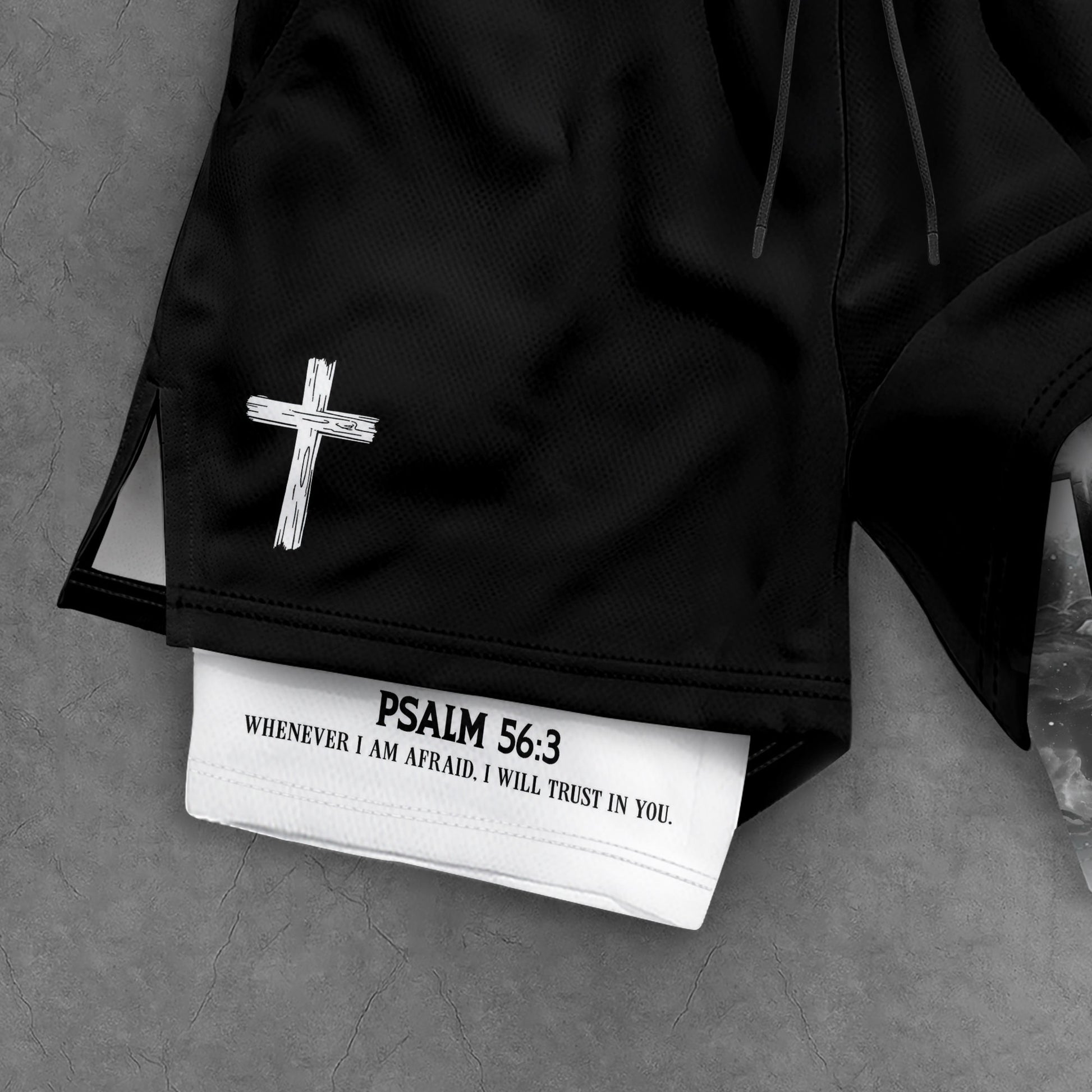 Psalm 56:3 Christian Gym Shorts for Men Lion of Judah Cross Design - Rust Field Wear