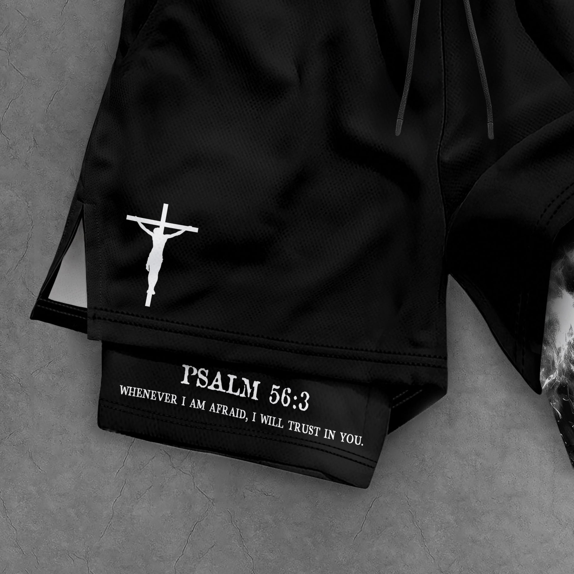 Psalm 56:3 Christian Gym Shorts for Men Lion Cross Path Design - Rust Field Wear