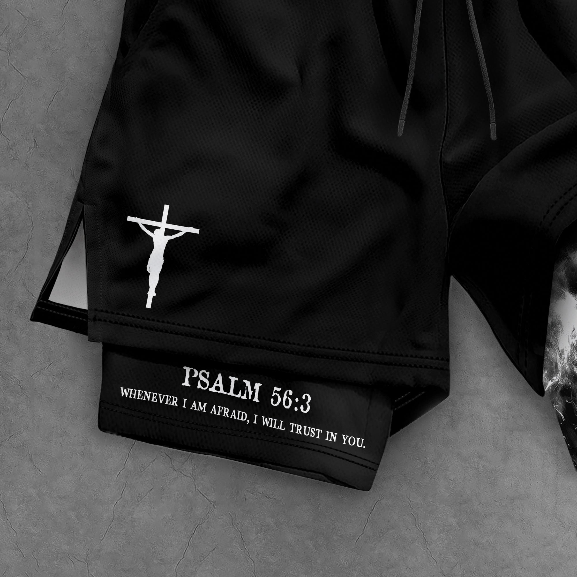 Psalm 56:3 Christian Gym Shorts for Men Lion Cross Path Design - Rust Field Wear