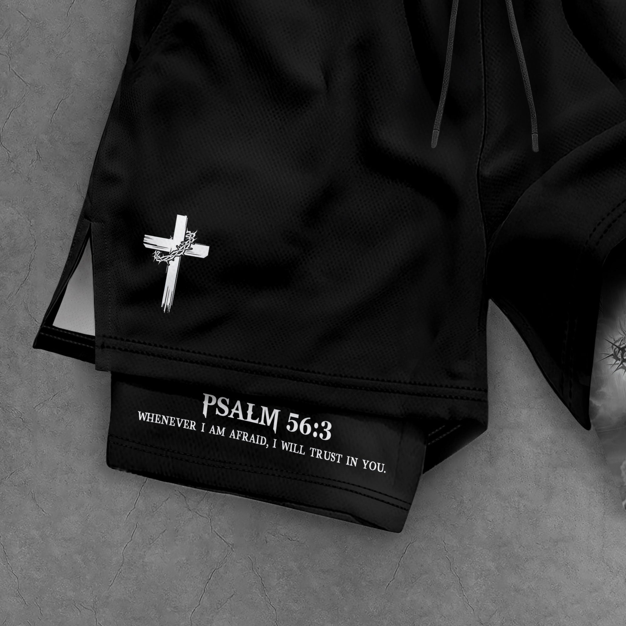 Psalm 56:3 Christian Gym Shorts for Men Jesus Cross Lion Design - Rust Field Wear