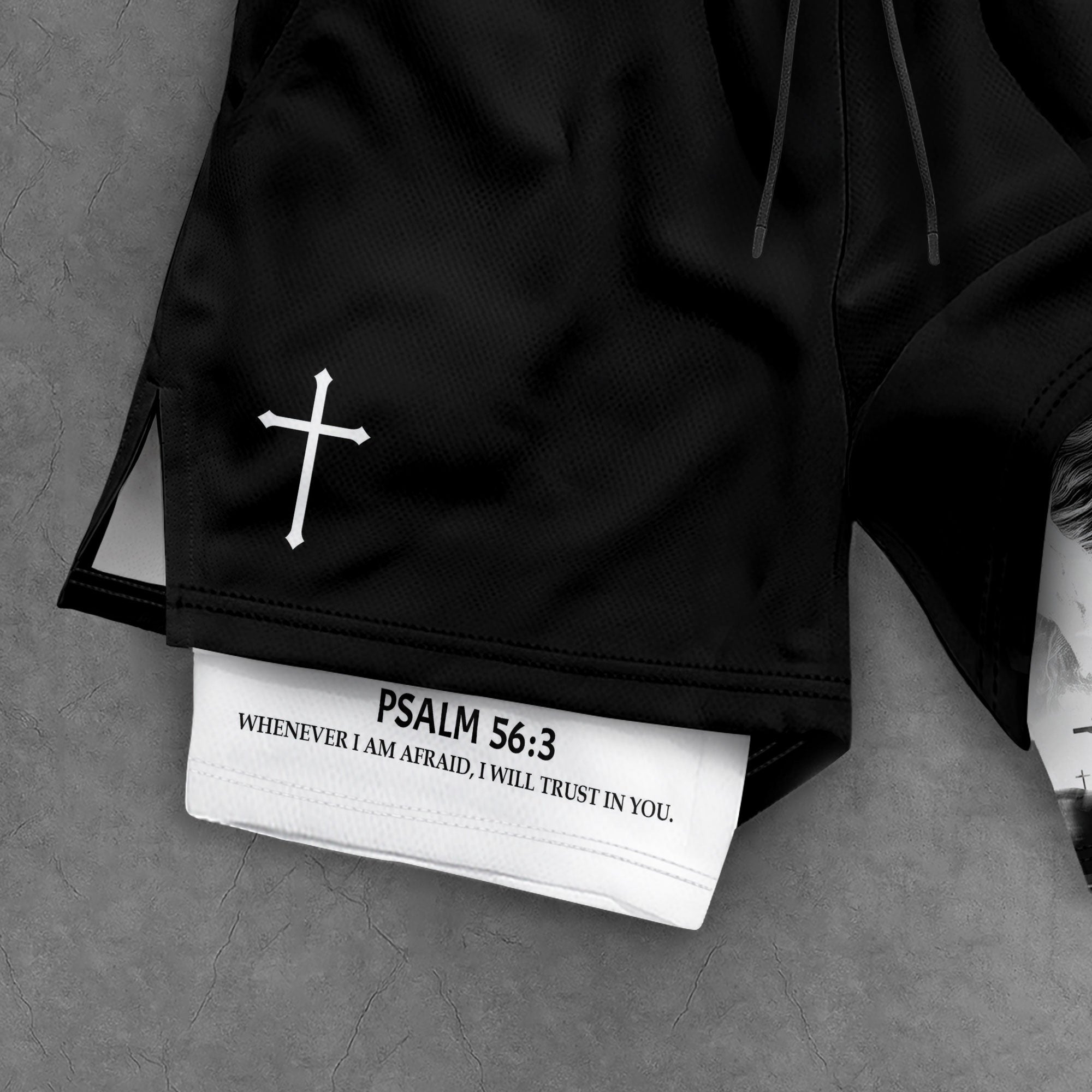 Psalm 56:3 Christian Gym Shorts for Men Lion Armor Cross Design - Rust Field Wear