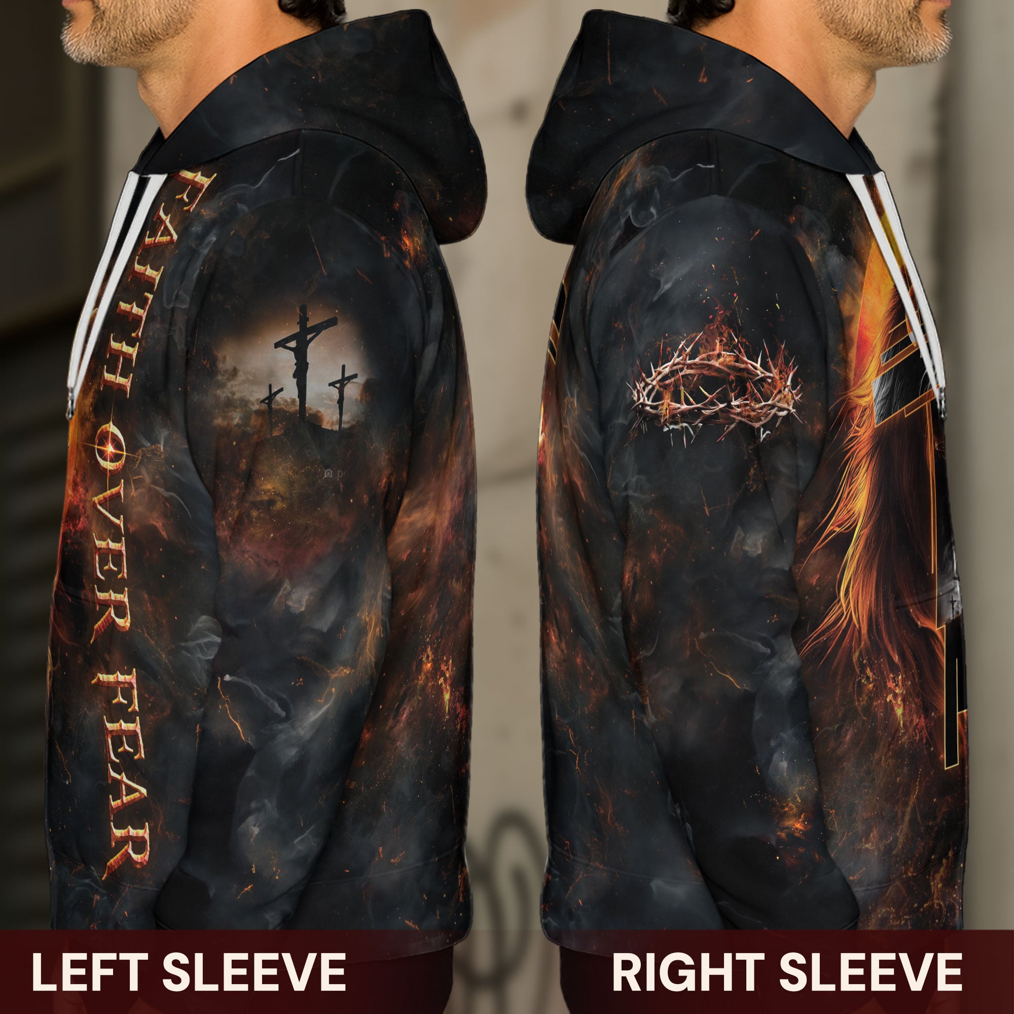 Faith Over Fear Christian Hoodie Lion Cross Jesus Fire Design