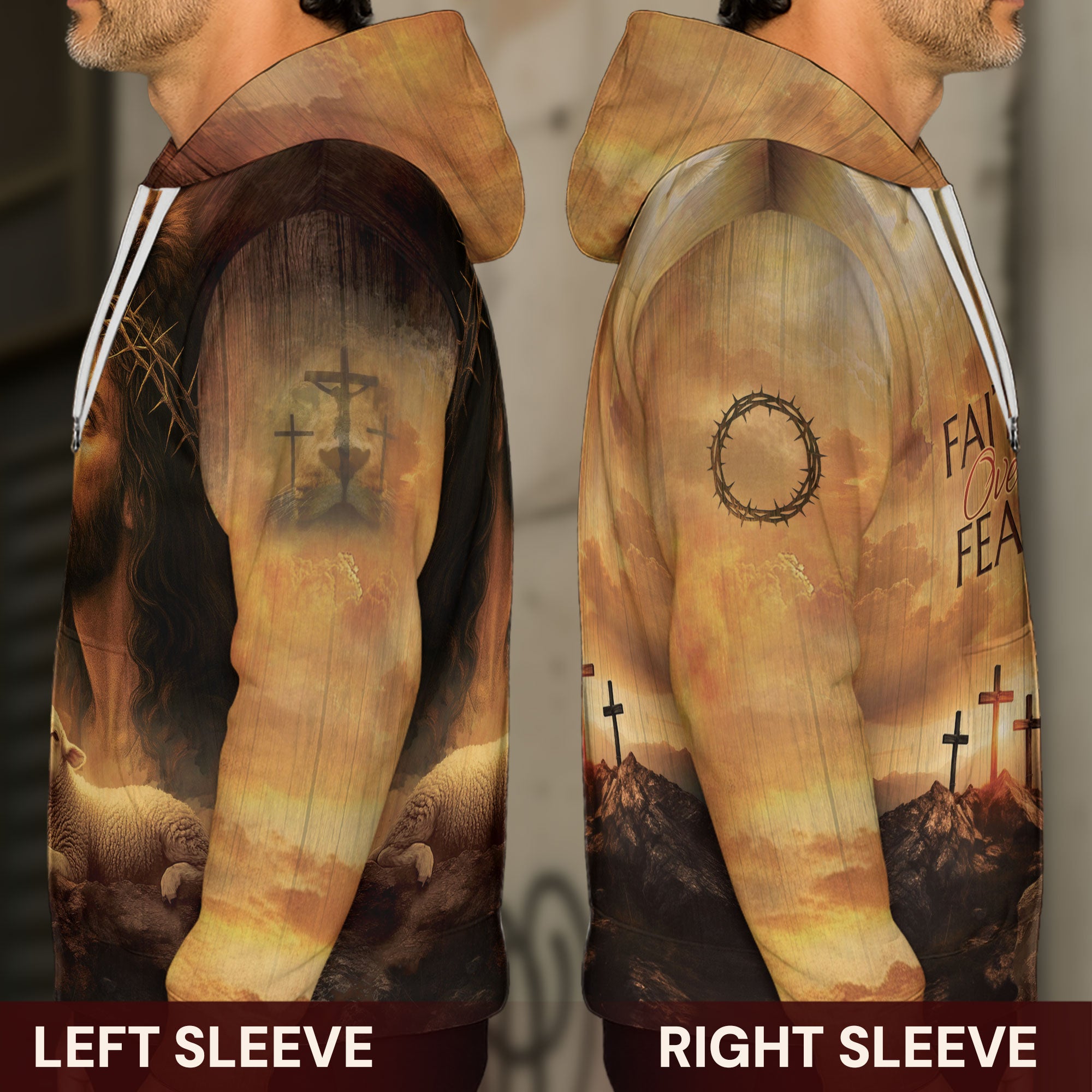 Faith Over Fear Christian Hoodie Jesus Lion Lamb Cross Design