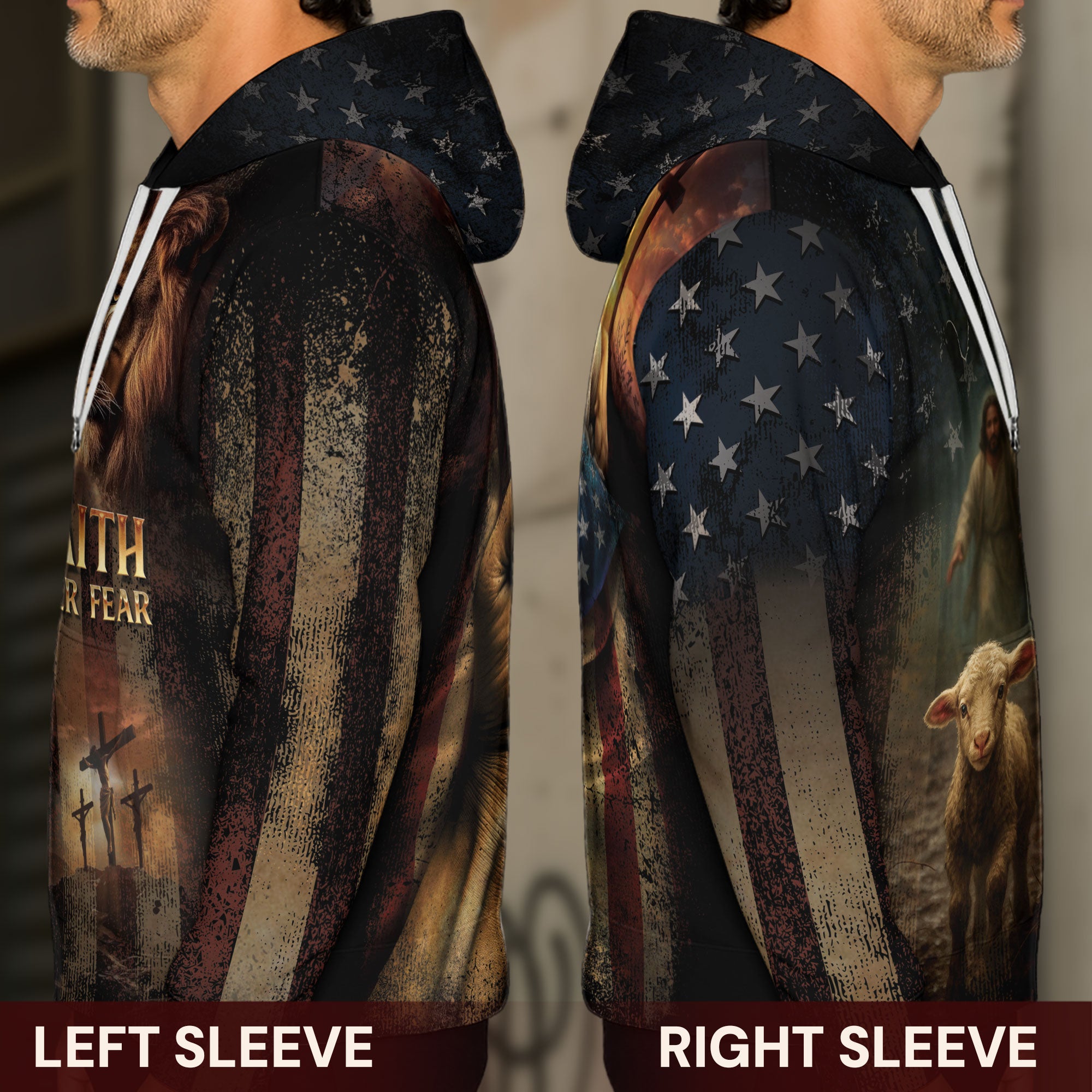 Faith Over Fear Christian Hoodie Jesus Lion Lamb Cross Flag Design