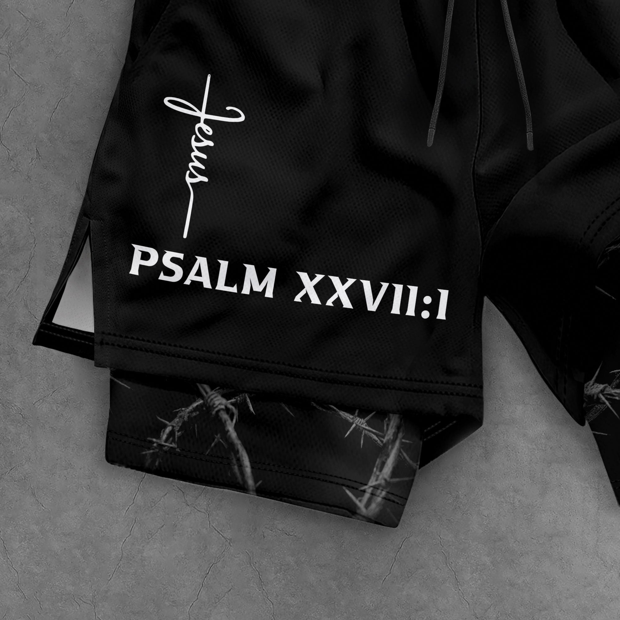 Psalm 27:1 Faith Over Fear Christian Mens Training Shorts Thorns Cross Bible Verse - Rust Field Wear