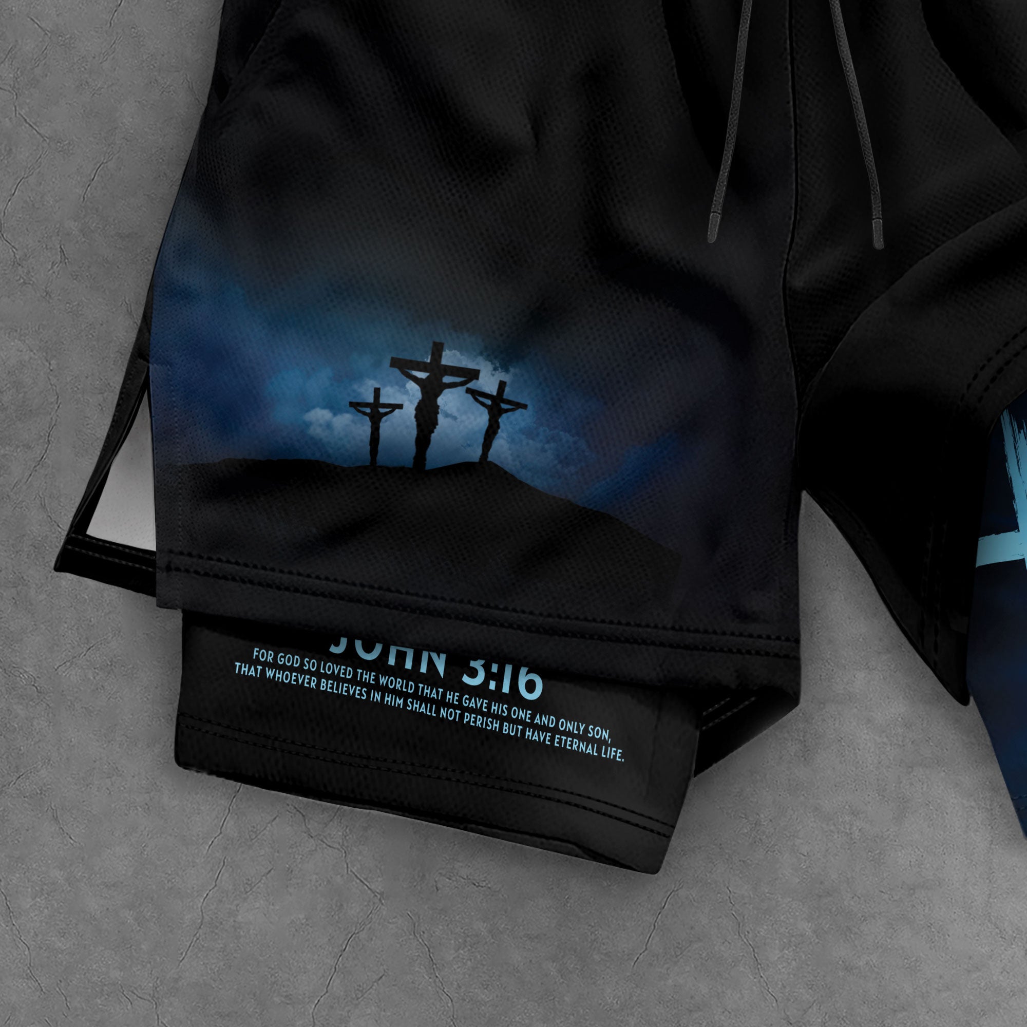 John 3:16 Christian Gym Workout Shorts Men Lion Cross Bible Verse Blue - Rust Field Wear