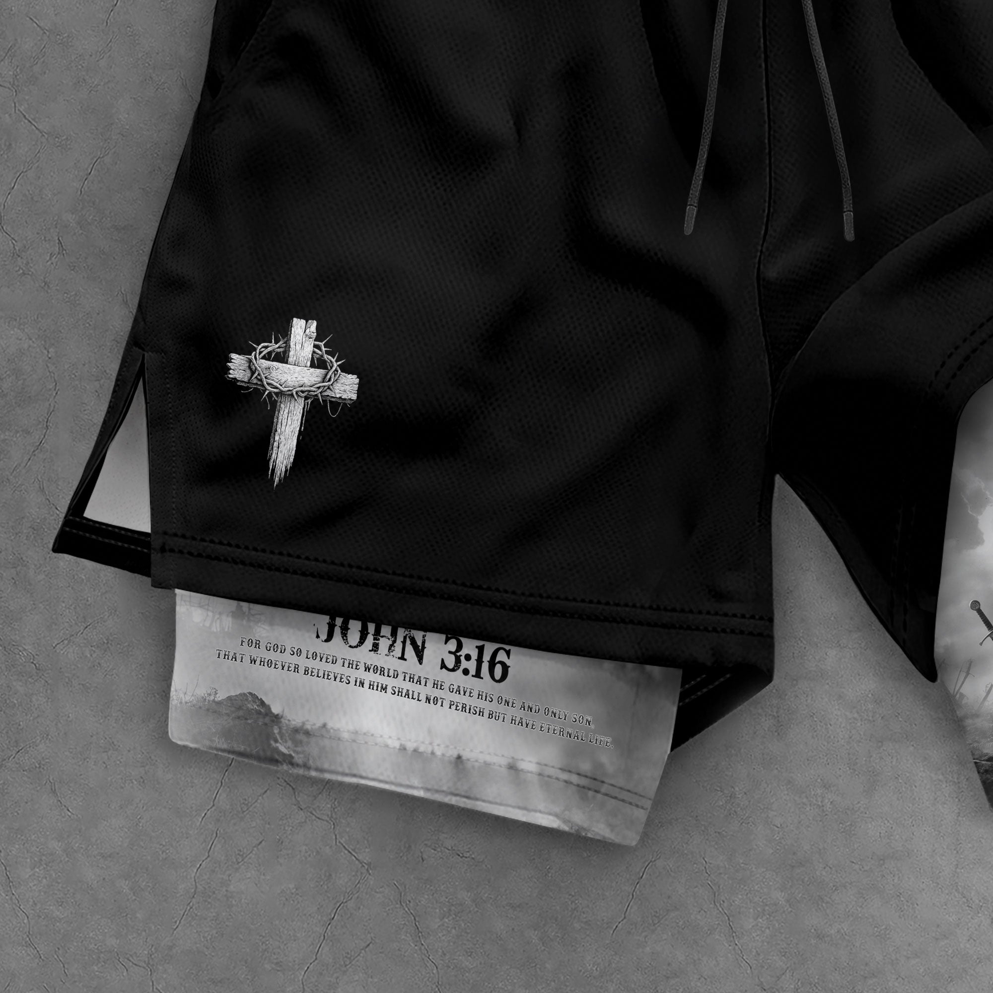 John 3:16 Christian Gym Workout Shorts Men Lion and Lamb Cross Bible Verse - Rust Field Wear