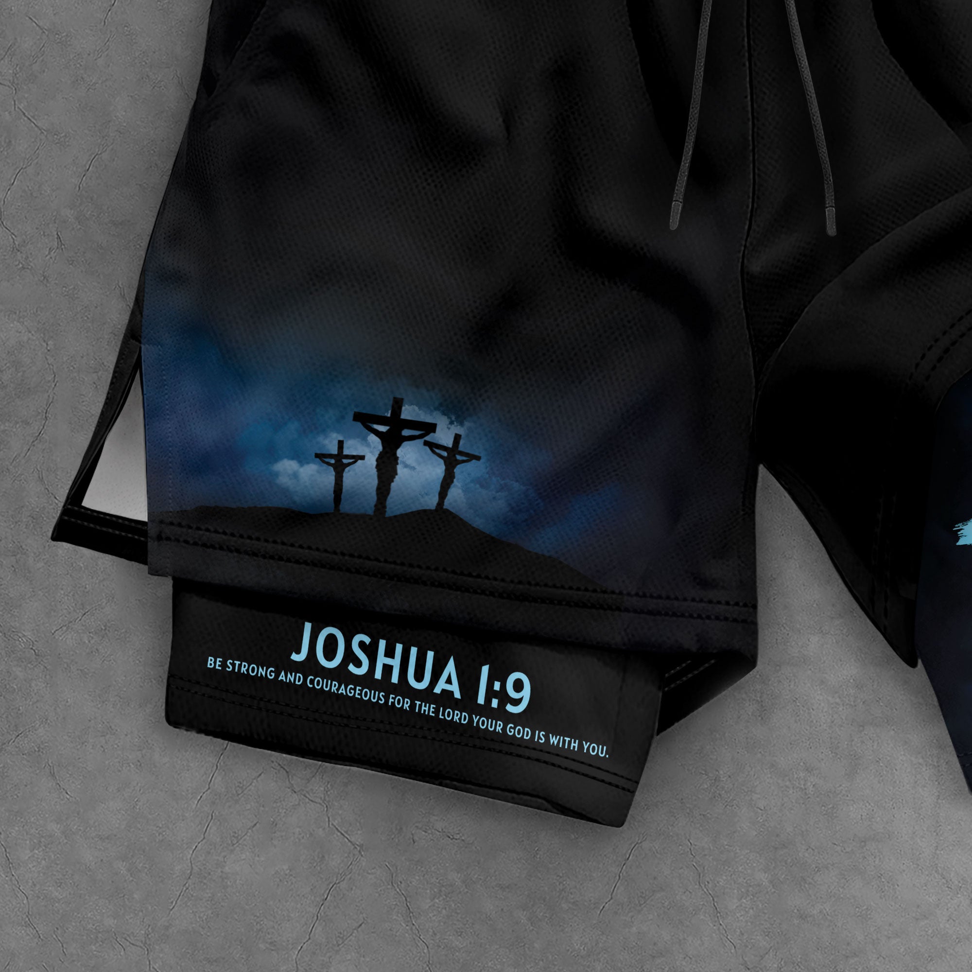 Joshua 1:9 Christian Gym Workout Shorts Men Lion Cross Bible Verse Blue - Rust Field Wear
