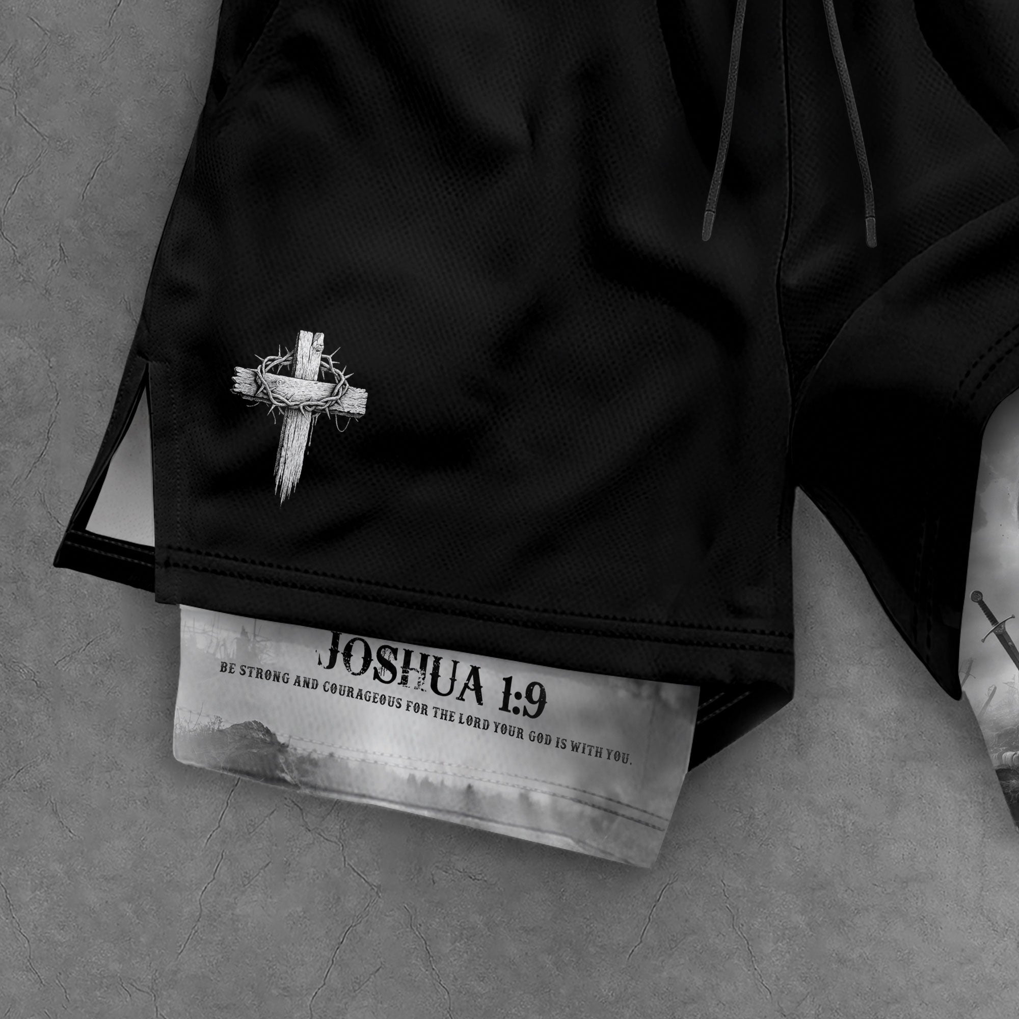 Joshua 1:9 Christian Gym Workout Shorts Men Lion and Lamb Cross Bible Verse - Rust Field Wear