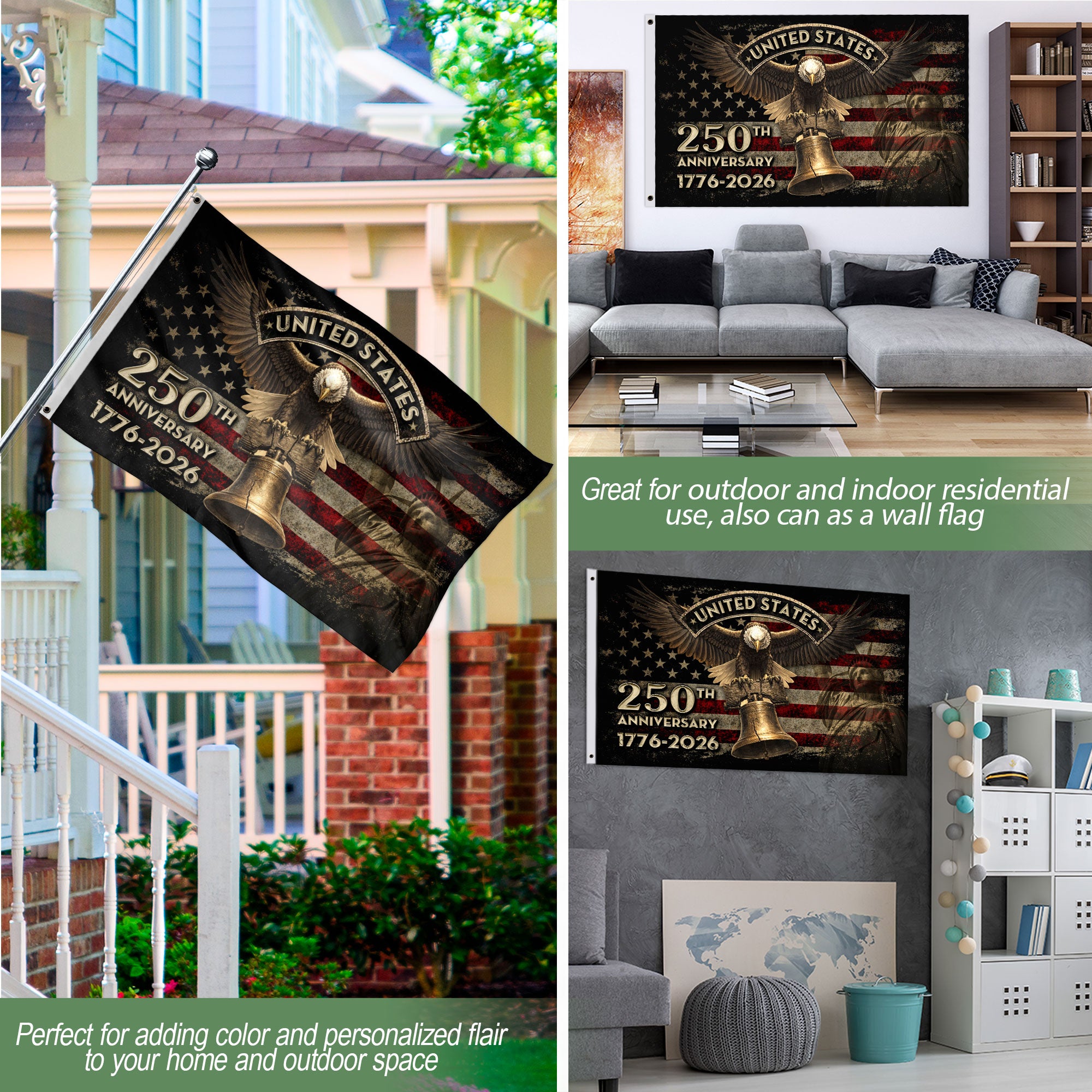 United States 250th Anniversary Semiquincentennial Flag 1776–2026 – Eagle & Liberty Bell Patriotic Décor