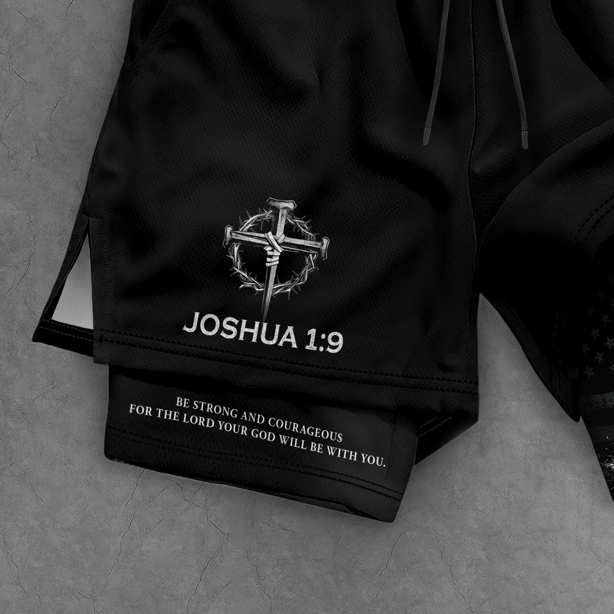 Joshua 1:9 Christian Men Gym Shorts USA Flag Strong and Courageous Athletic Activewear - Rust Field Wear