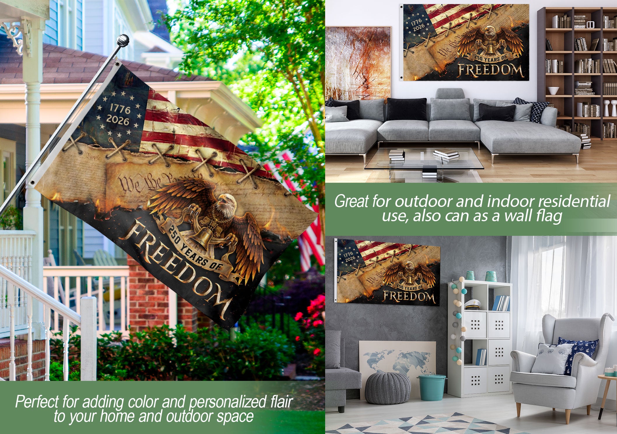 250 Years of Freedom Double-Sided House Flag, USA 250th Anniversary Patriotic American Eagle Flag