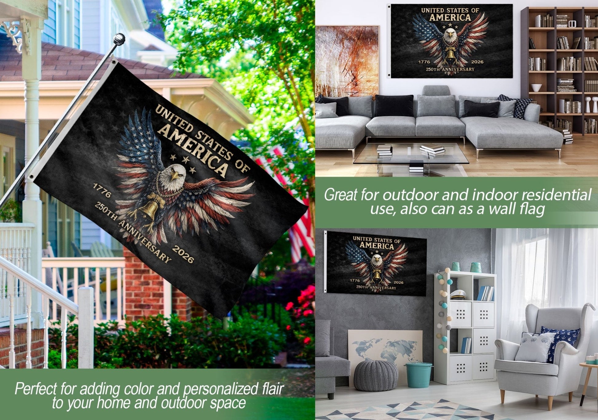 US 250th Anniversary Flag 3x5 ft Patriotic Eagle Liberty Bell 1776-2026 American Banner - Rust Field Wear