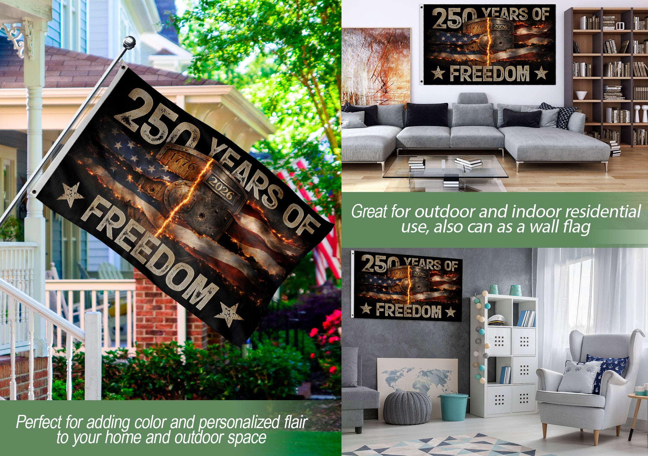 USA 250th Anniversary Flag 250 Years of Freedom Semiquincentennial 1776-2026 Burning Metal Shield Patriotic