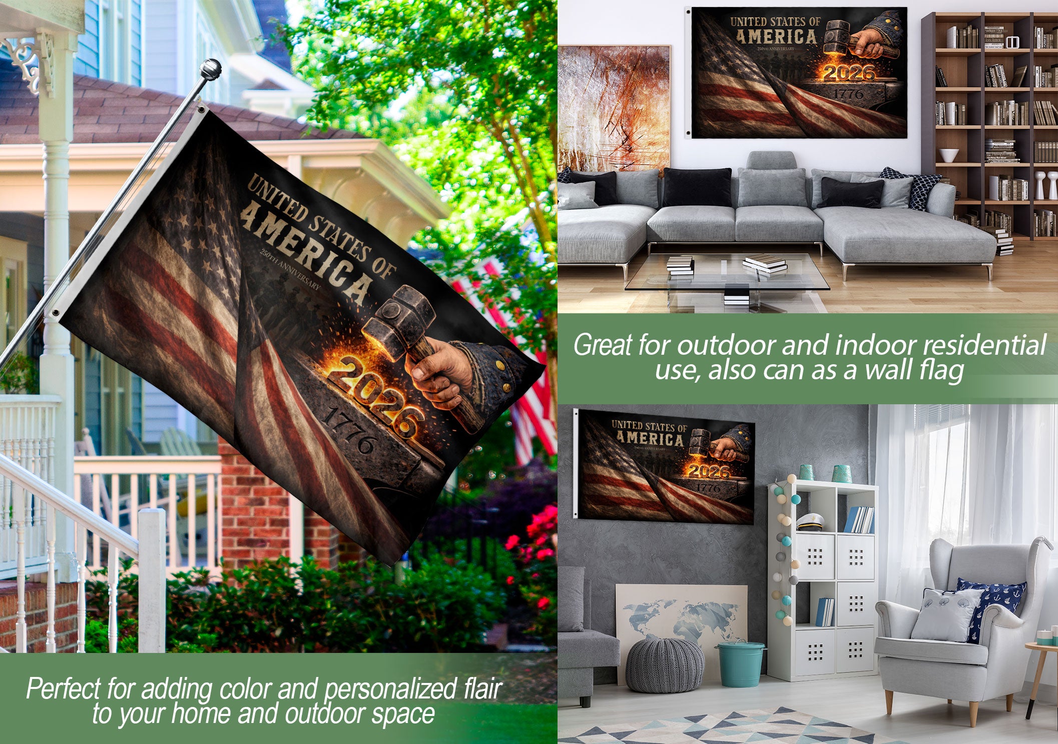 USA 250th Anniversary Flag 250 Years Semiquincentennial 1776-2026 Forged in Liberty Heavy Metal Iron Hammer Patriotic