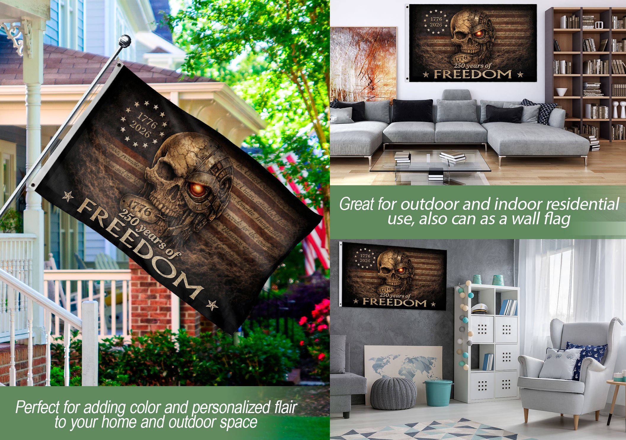 United States of America 250th Anniversary Flag 1776-2026 Mechanical Metal Cyber Skull Patriotic Garden Flag